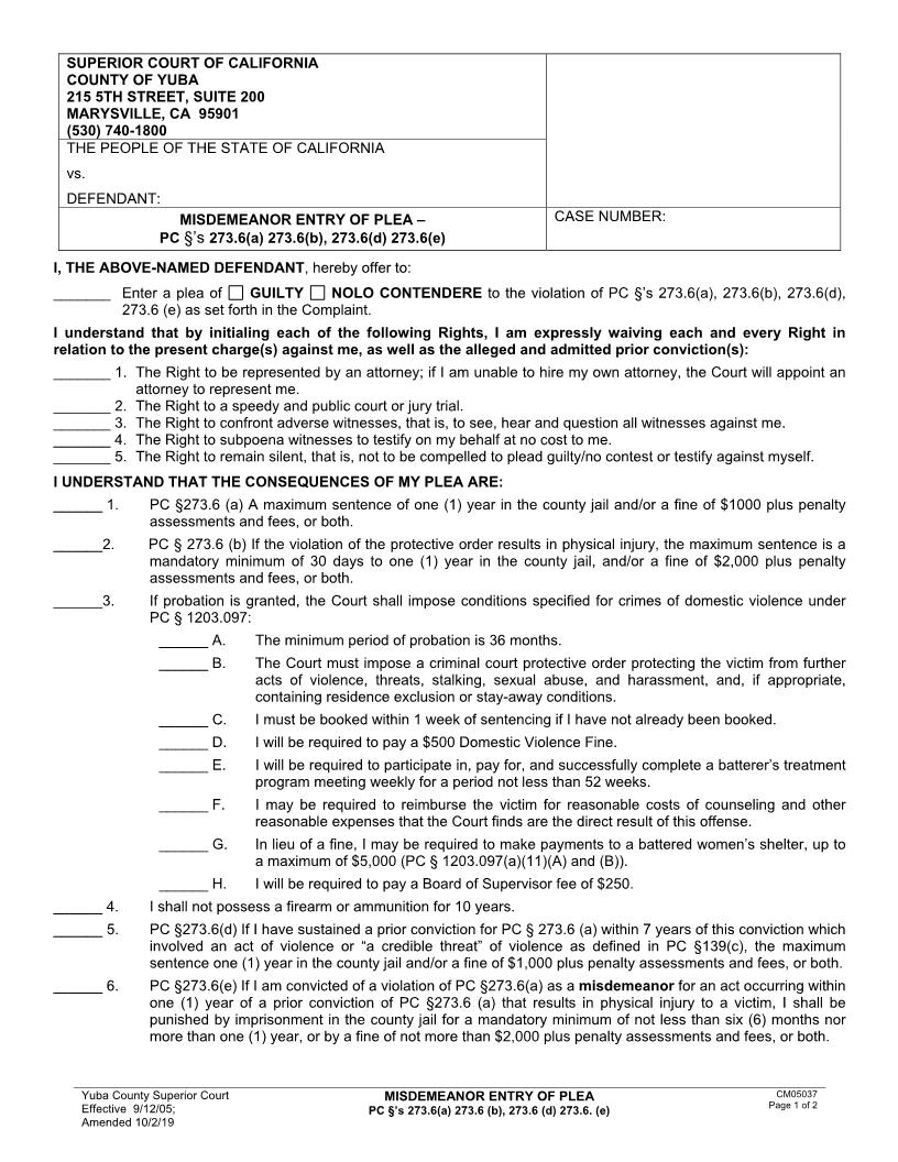 Misdemeanor Entry Of Plea (PC 273.6(a)) {CM05037} | Pdf Fpdf Doc Docx | California
