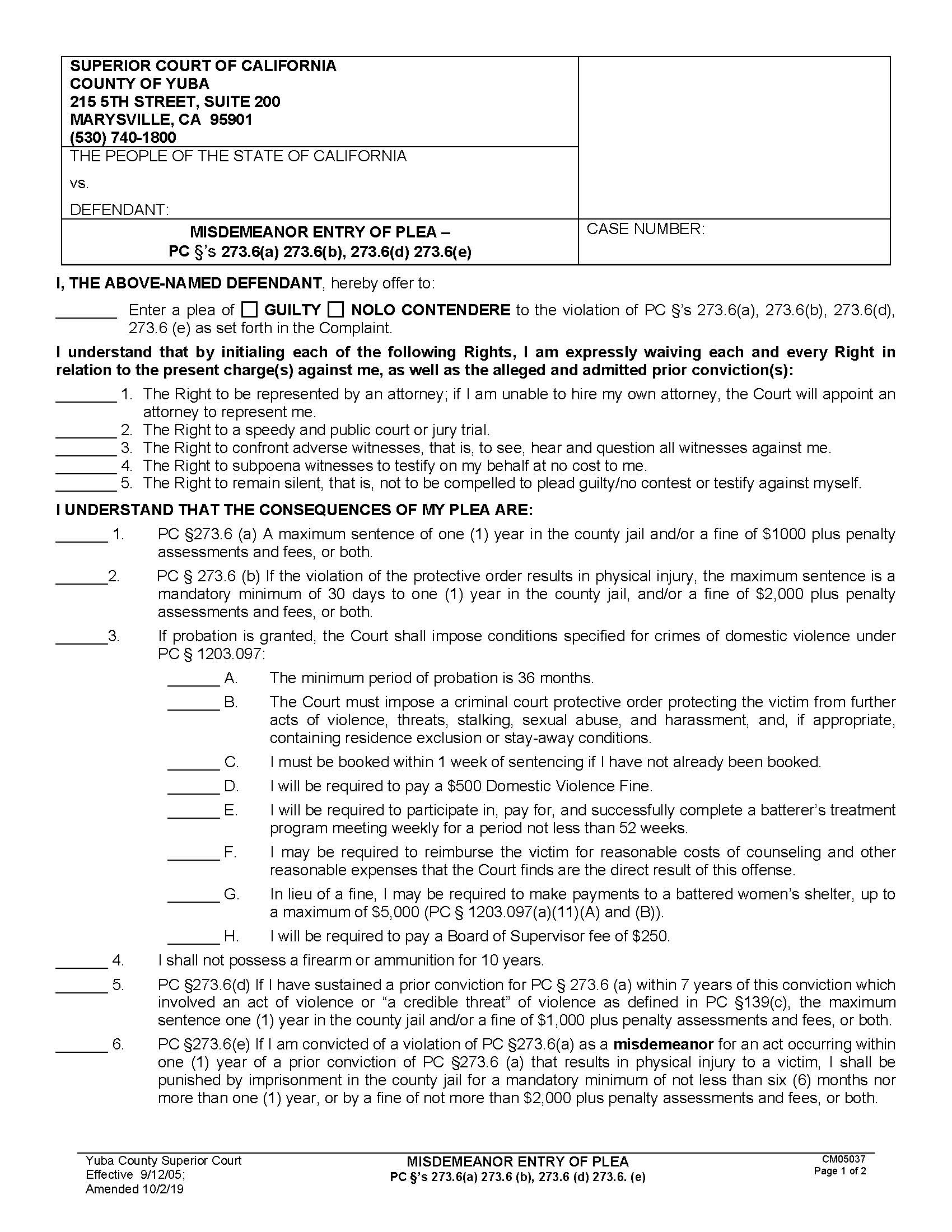 Misdemeanor Entry Of Plea (PC 273.6(a)) {CM05037} | Pdf Fpdf Doc Docx | California
