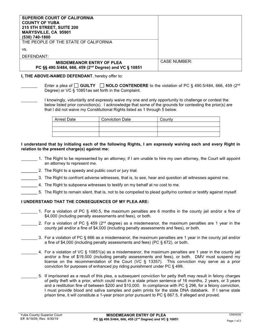 Misdemeanor Entry Of Plea (PC 490.5-484) {CM04039} | Pdf Fpdf Doc Docx | California