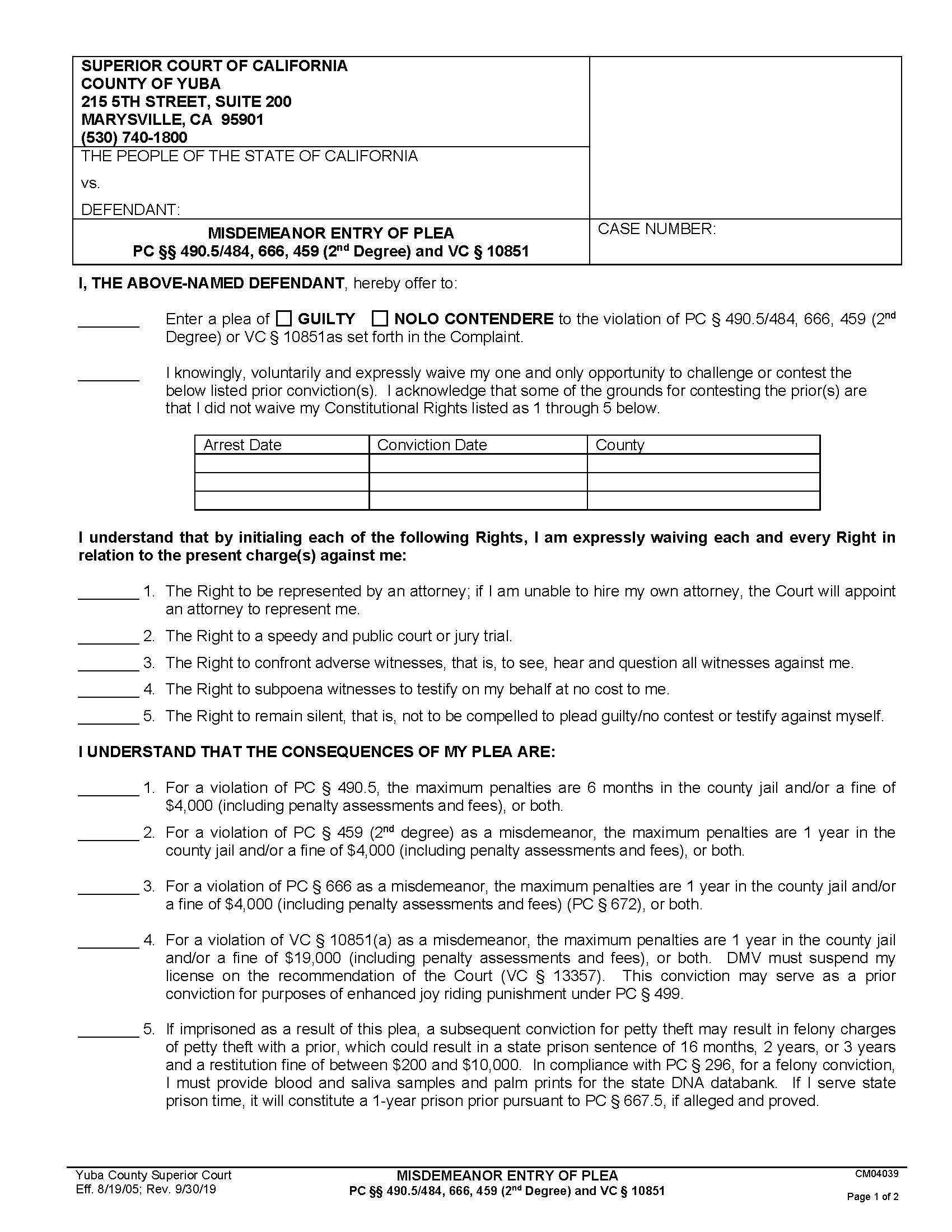 Misdemeanor Entry Of Plea (PC 490.5-484) {CM04039} | Pdf Fpdf Doc Docx | California