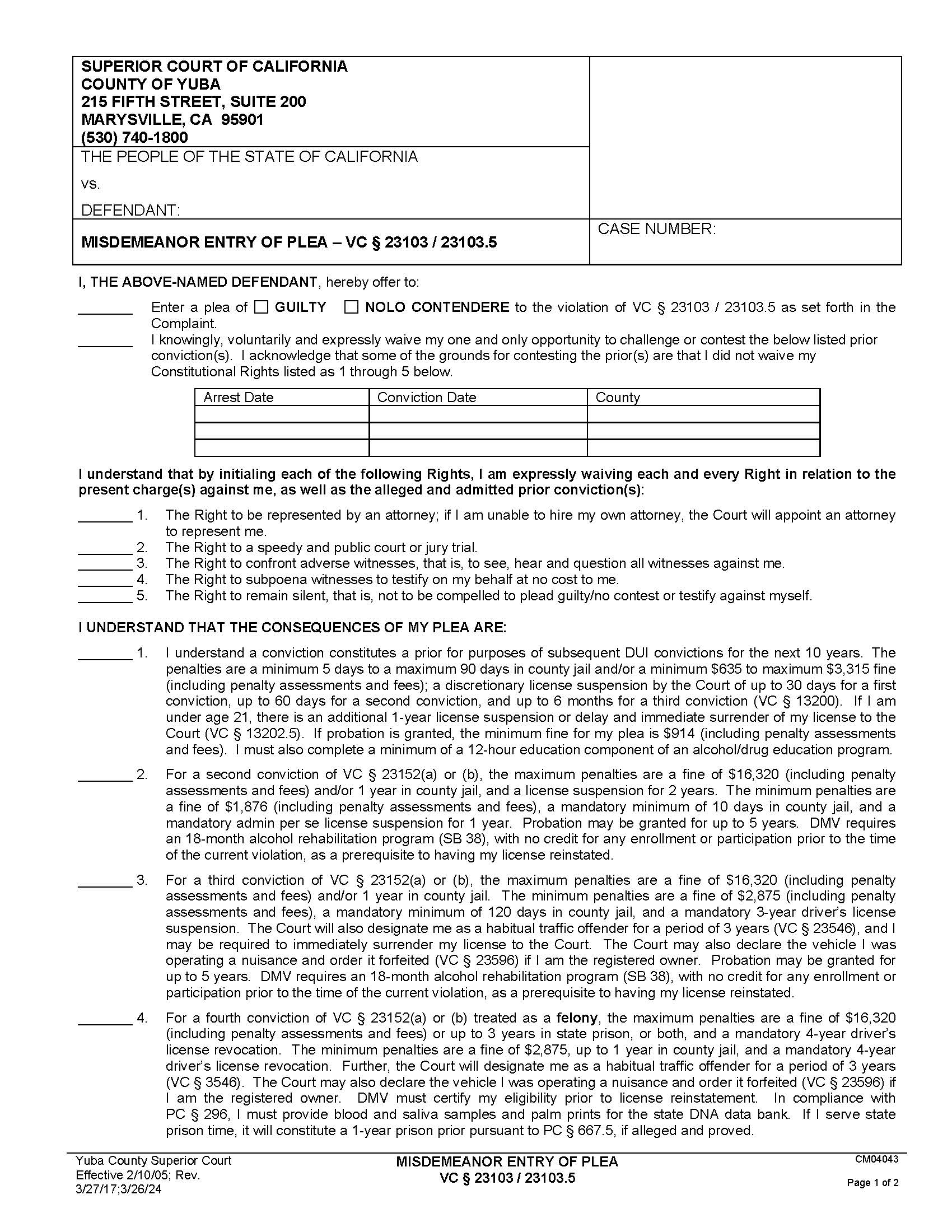 Misdemeanor Entry Of Plea (VC 23103-23103.5) {CM04043} | Pdf Fpdf Doc Docx | California