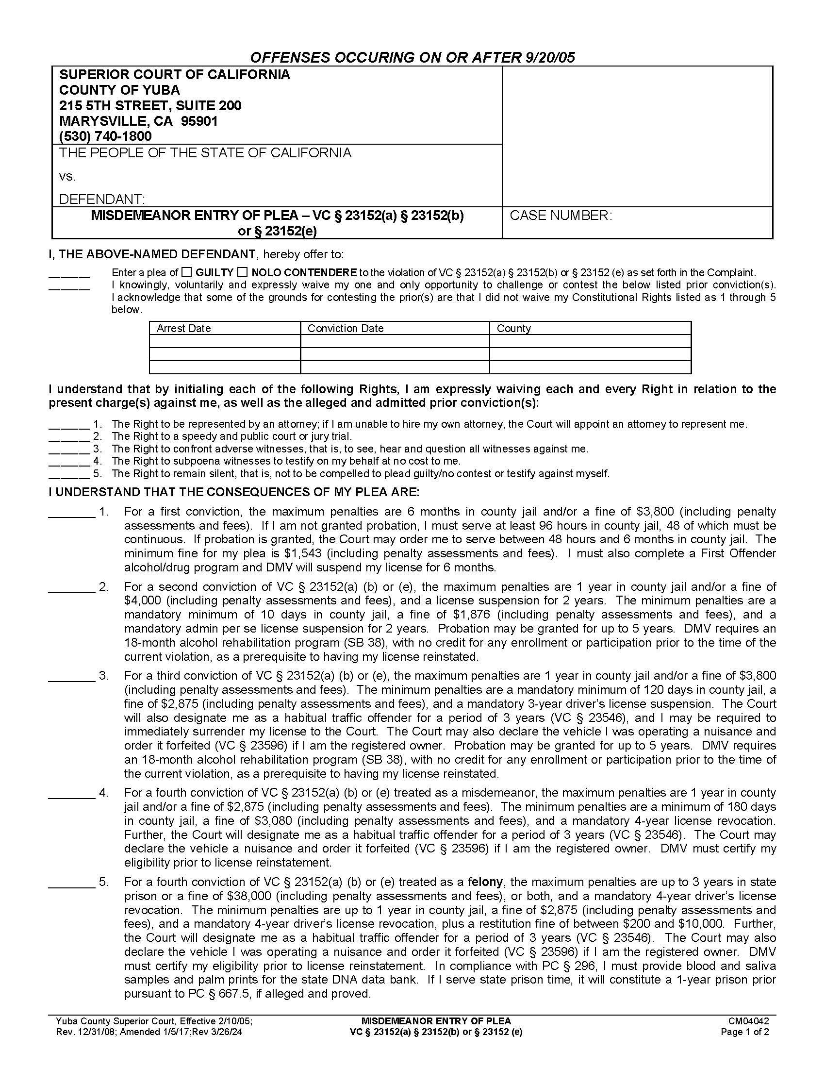 Misdemeanor Entry Of Plea (VC 23152(a) Or 23152(b)) {CM04042} | Pdf Fpdf Doc Docx | California