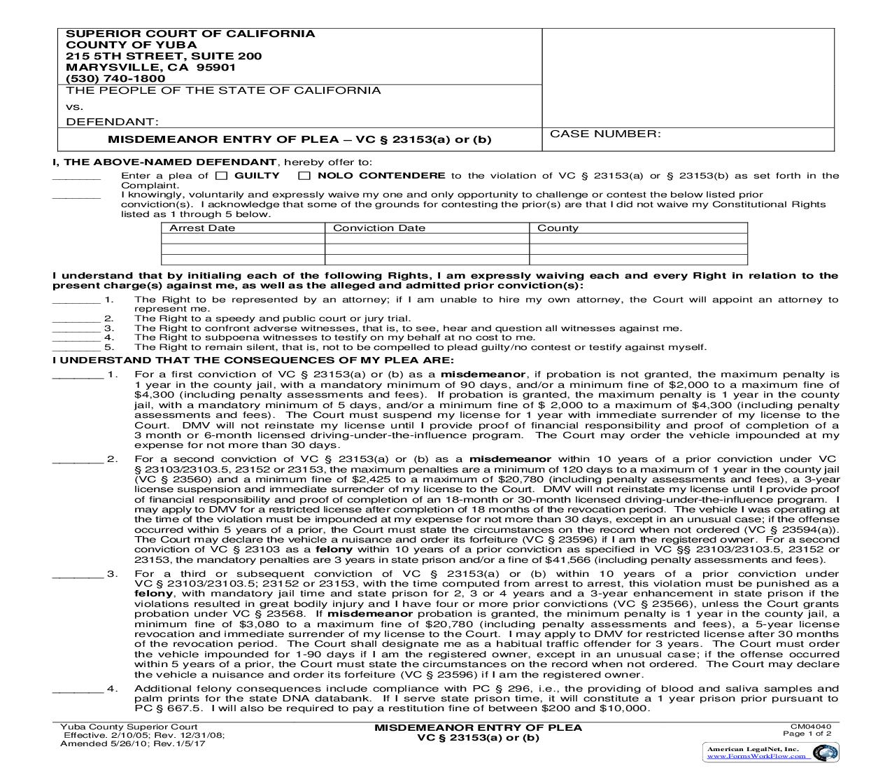 Misdemeanor Entry Of Plea (VC 23153(a) Or (b)) {CM04040} | Pdf Fpdf Doc Docx | California