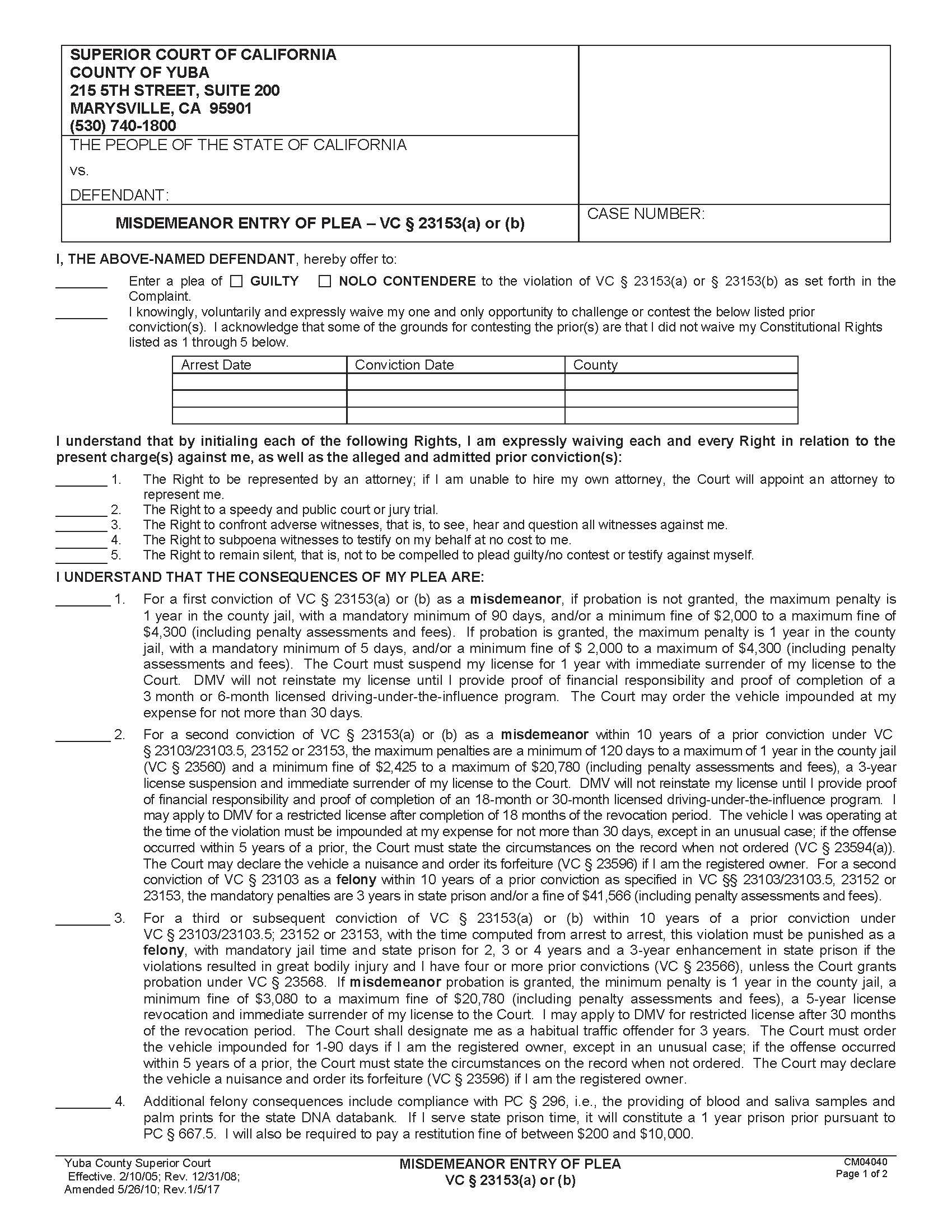 Misdemeanor Entry Of Plea (VC 23153(a) Or (b)) {CM04040} | Pdf Fpdf Doc Docx | California