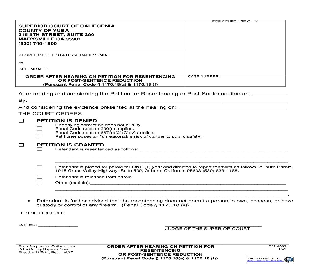 Order After Hearing On Petition For Resentencing Or Post-Sentence Reduction {CM14062 } | Pdf Fpdf Doc Docx | California