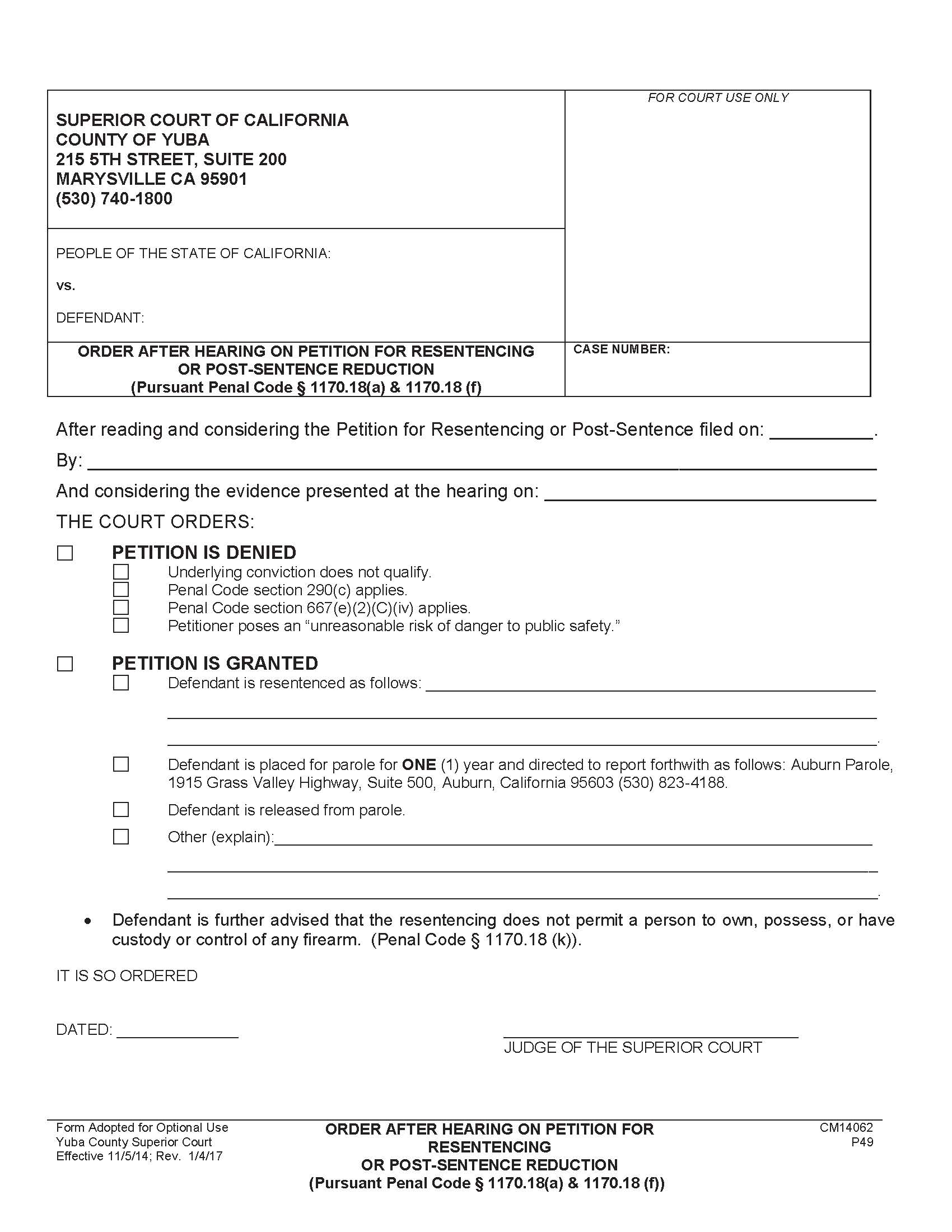 Order After Hearing On Petition For Resentencing Or Post-Sentence Reduction {CM14062} | Pdf Fpdf Doc Docx | California