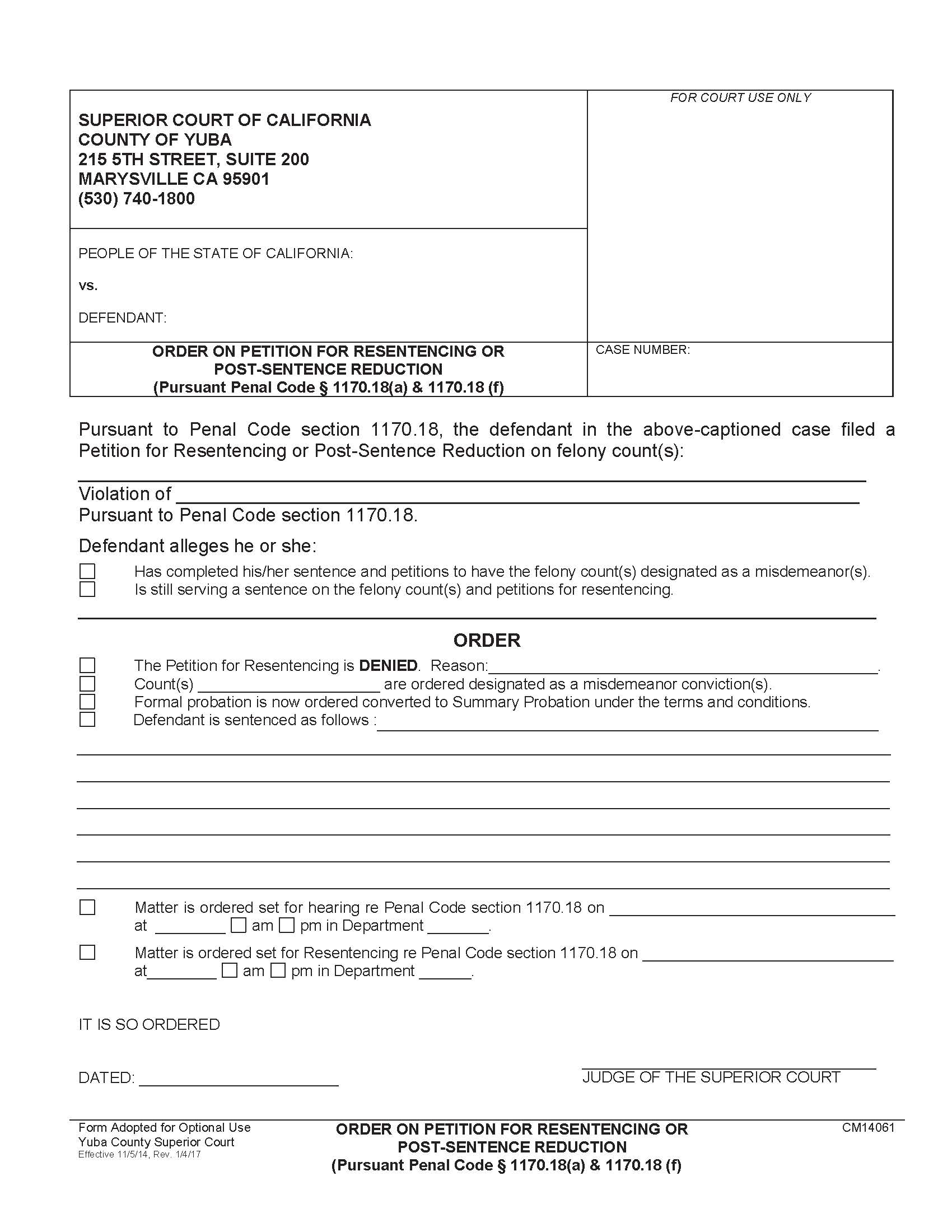 Order On Petition For Resentencing Or Post-Sentence Reduction {CM14061} | Pdf Fpdf Doc Docx | California