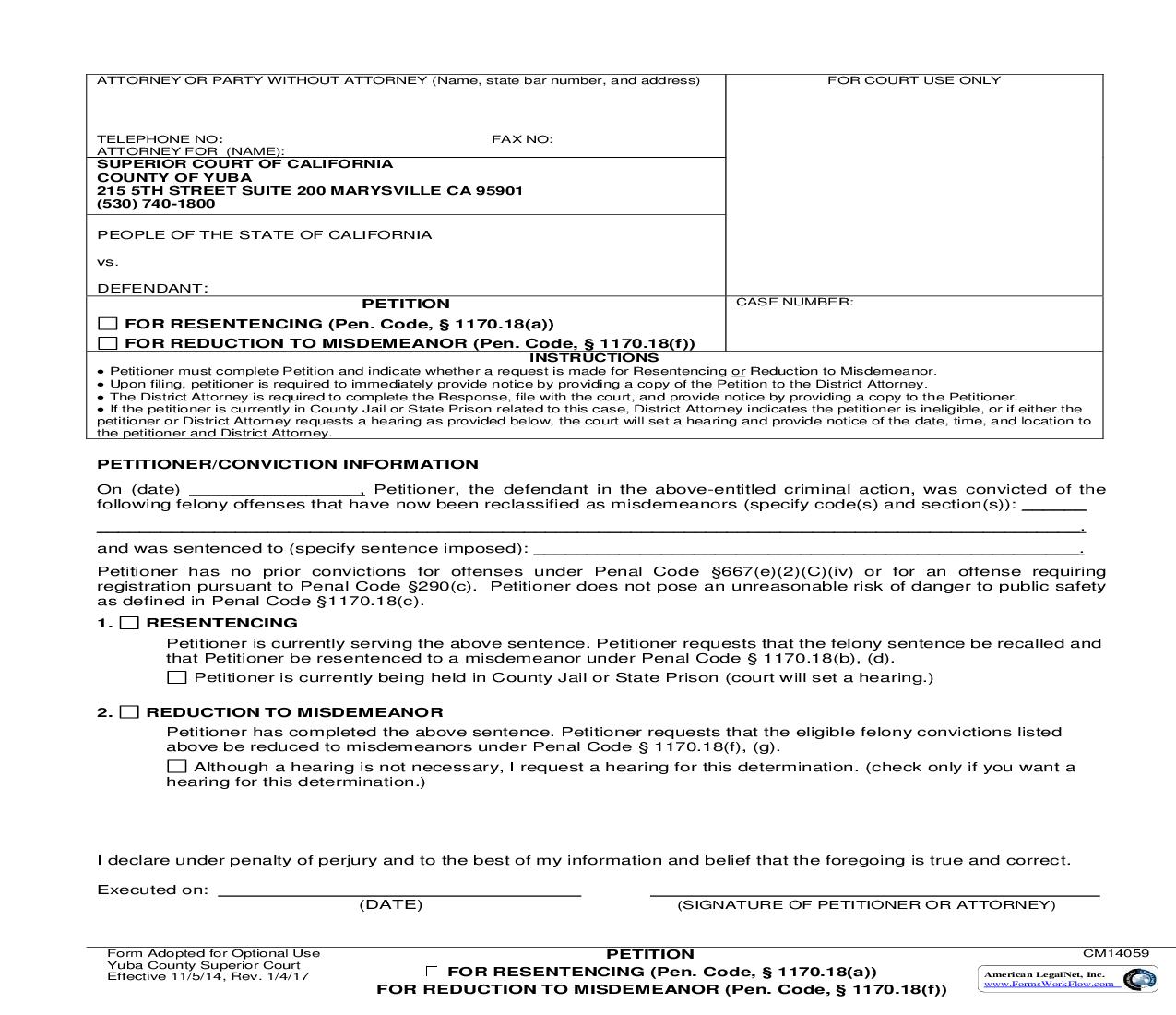 Petition For Sentencing-For Reduction To Misdemeanor {CM14059} | Pdf Fpdf Docx | California