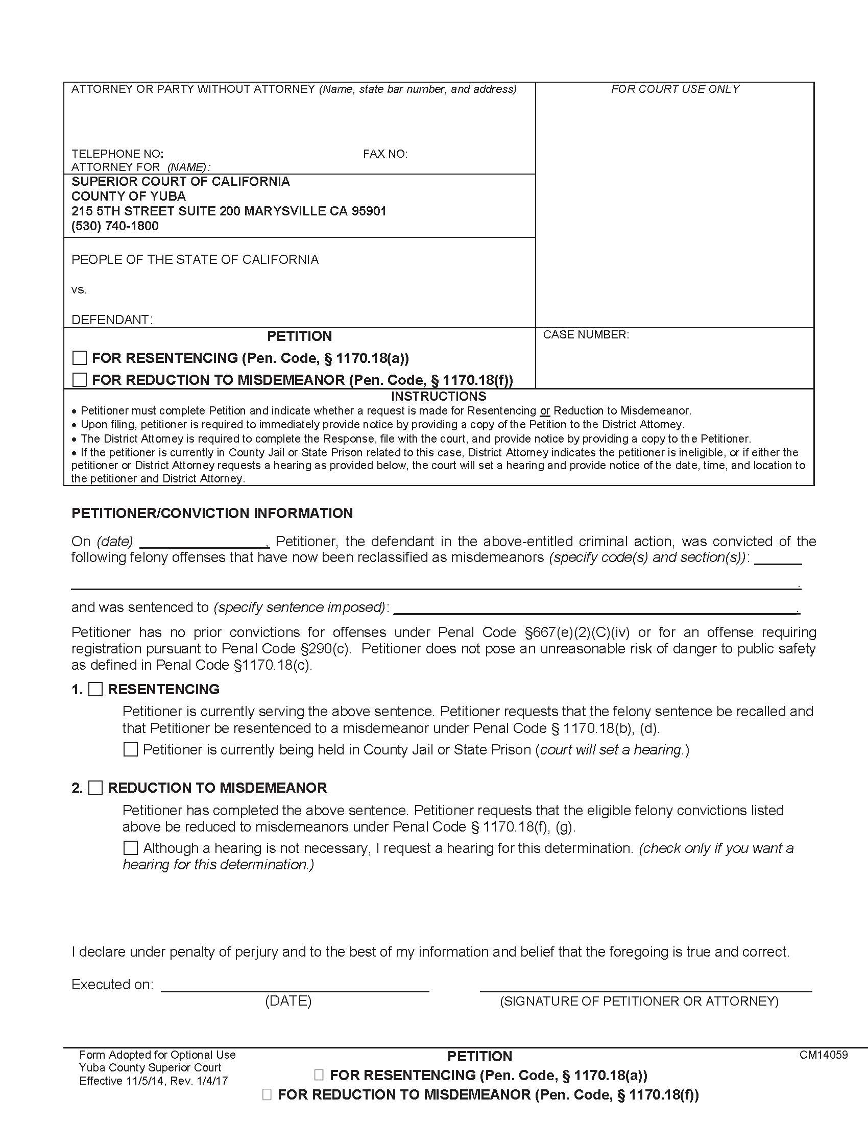 Petition For Sentencing-For Reduction To Misdemeanor {CM14059} | Pdf Fpdf Docx | California