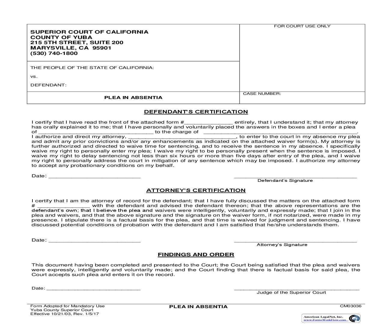 Plea In Absentia {CM03036} | Pdf Fpdf Doc Docx | California