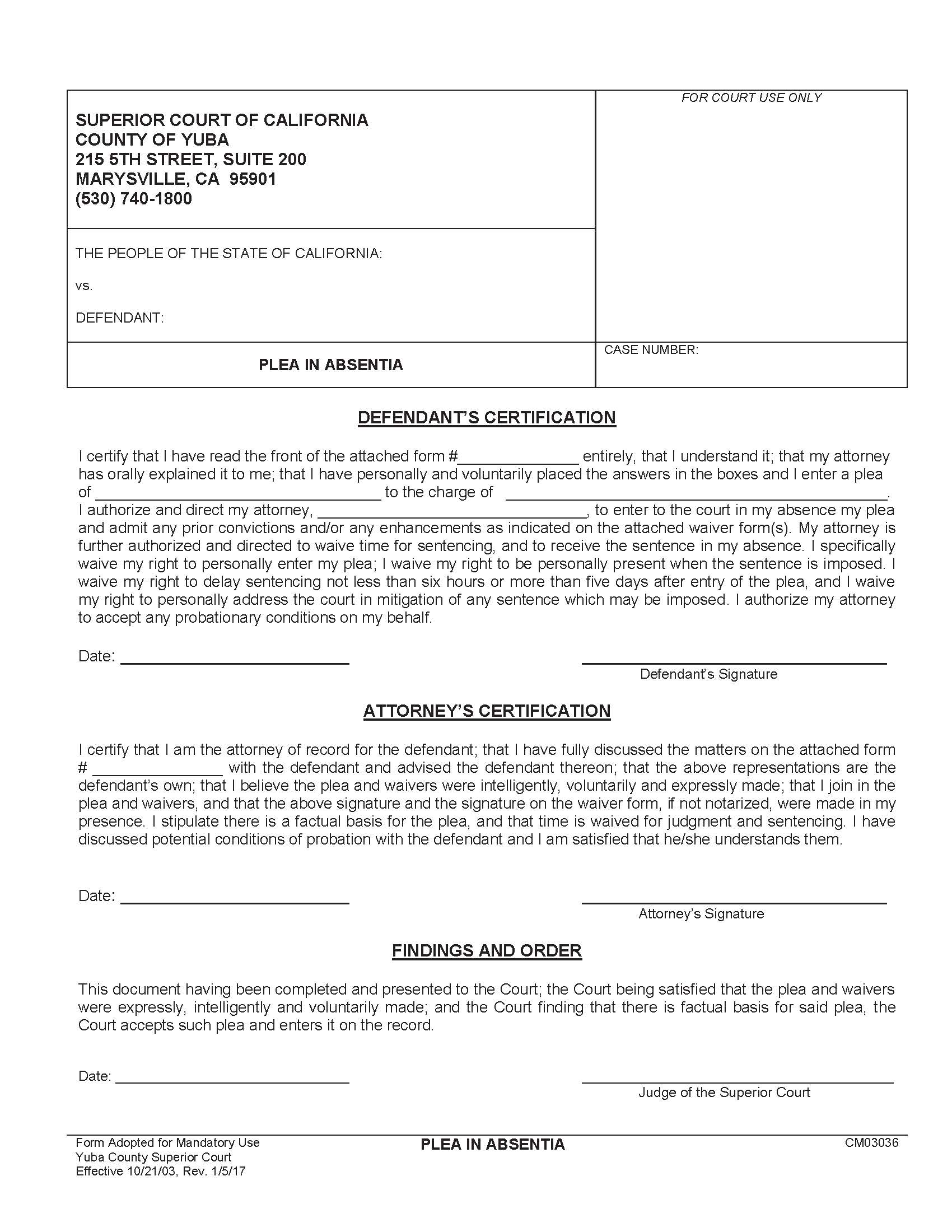 Plea In Absentia {CM03036} | Pdf Fpdf Doc Docx | California