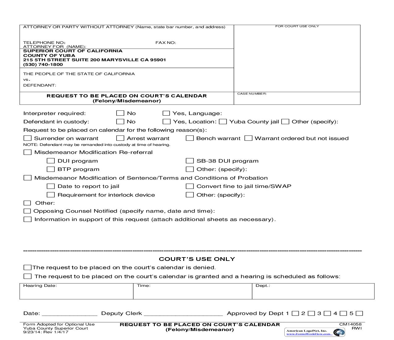 Request To Placed On Courts Calendar (Felony-Misdemeanor) {CM14058} | Pdf Fpdf Doc Docx | California
