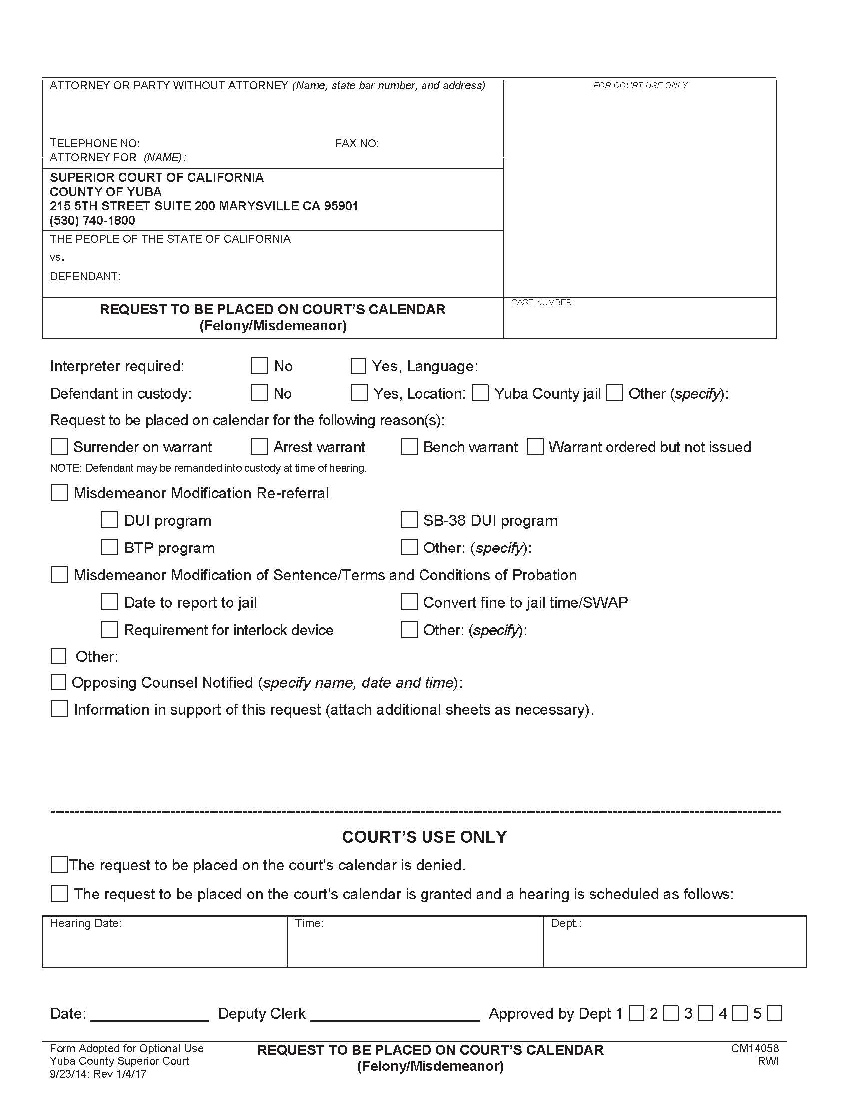 Request To Placed On Courts Calendar (Felony-Misdemeanor) {CM14058} | Pdf Fpdf Doc Docx | California