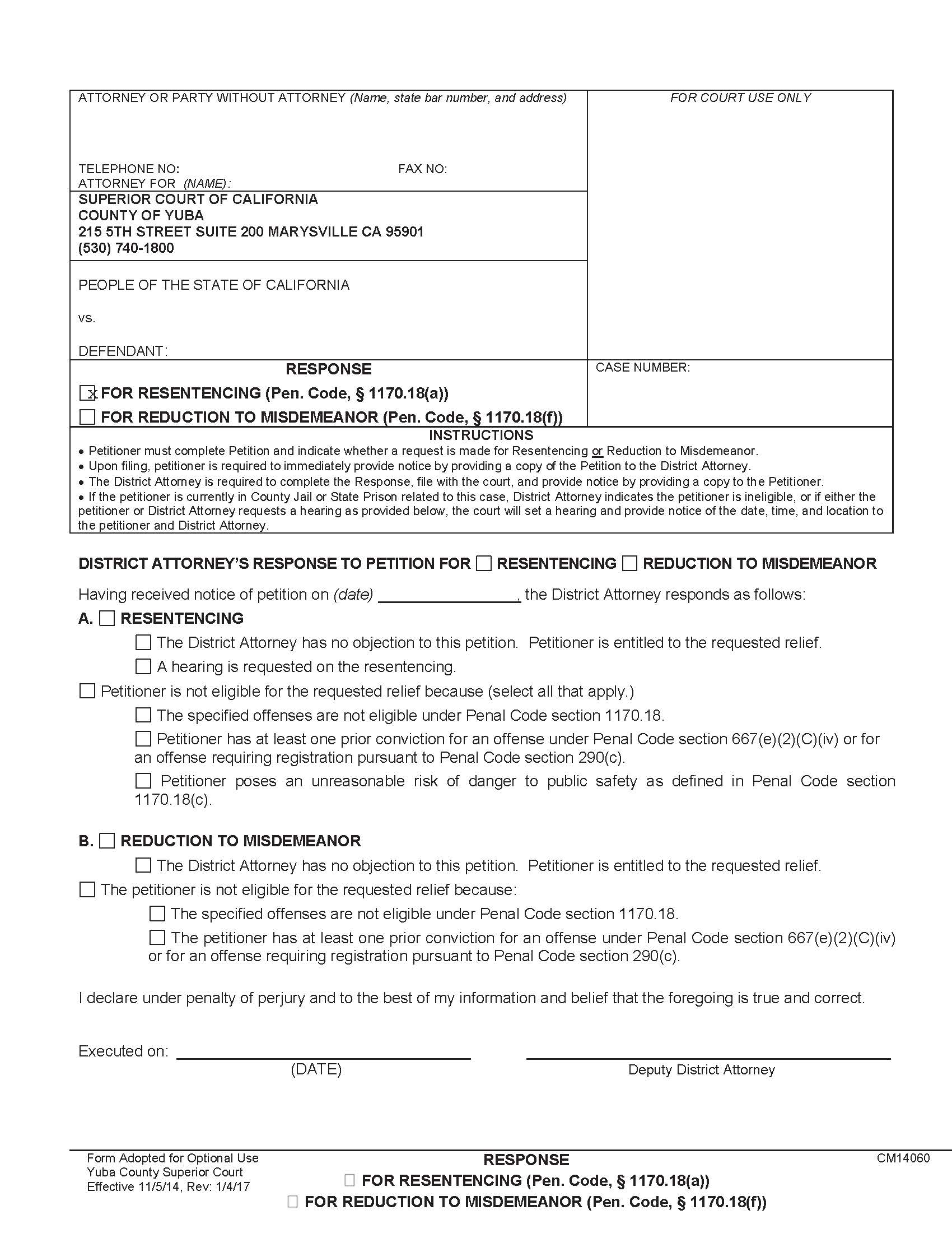 Response For Resentencing-For Reduction To Misdemeanor {CM14060} | Pdf Fpdf Doc Docx | California