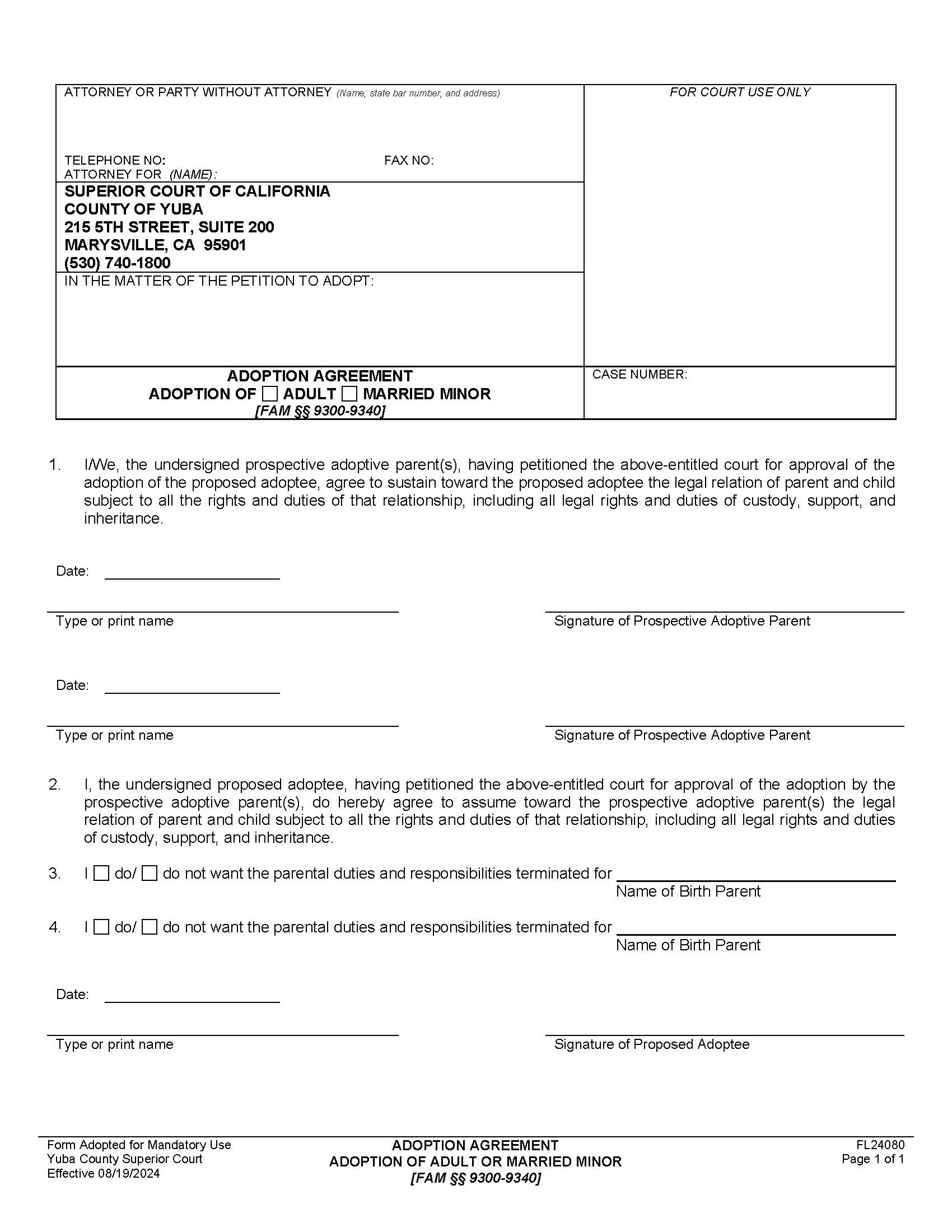 Adoption Agreement-Adoption Of Adult-Married Minor {FL24080} | Pdf Fpdf Docx | California