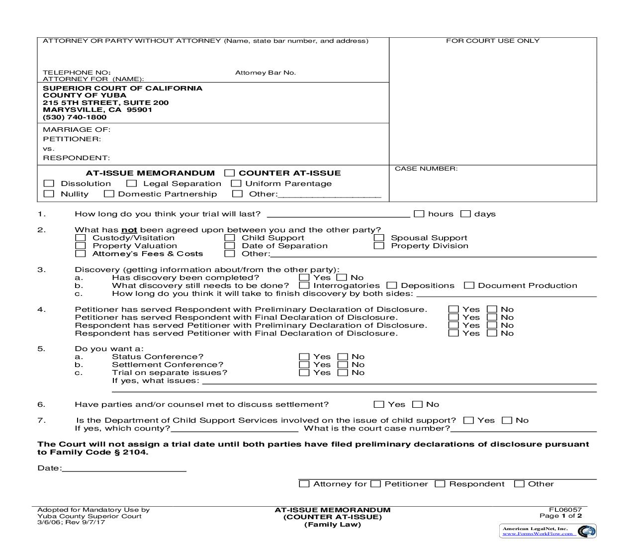 At-Issue Memorandum (Counter At-Issue) (Family Law) {FL06057} | Pdf Fpdf Doc Docx | California