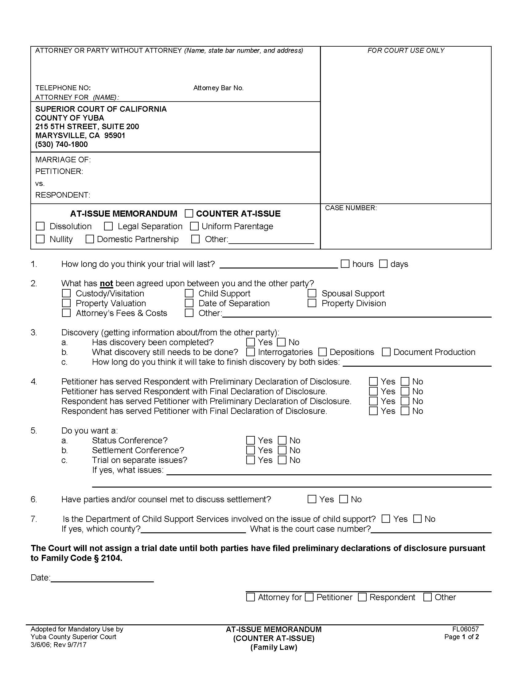 At-Issue Memorandum (Counter At-Issue) (Family Law) {FL06057} | Pdf Fpdf Doc Docx | California