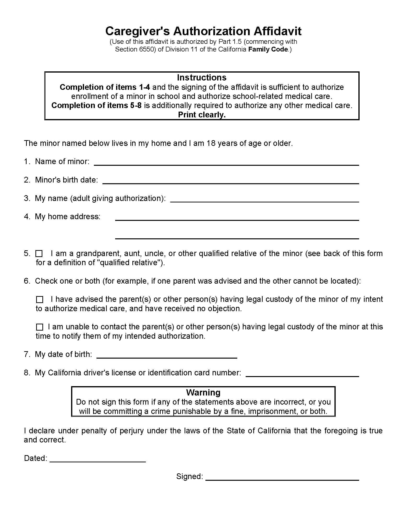 Cargivers Authorization Affidavit {FL09069} | Pdf Fpdf Doc Docx | California