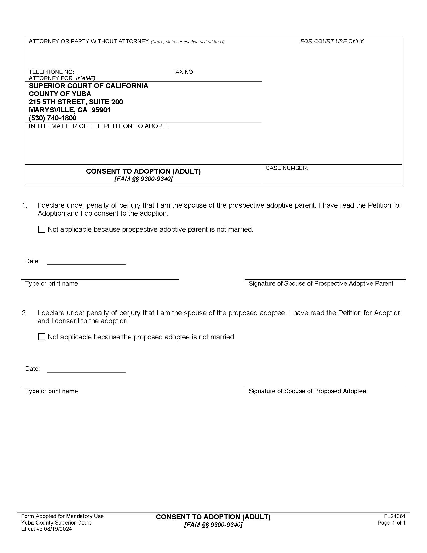 Consent To Adoption (Adult) {FL24081} | Pdf Fpdf Docx | California