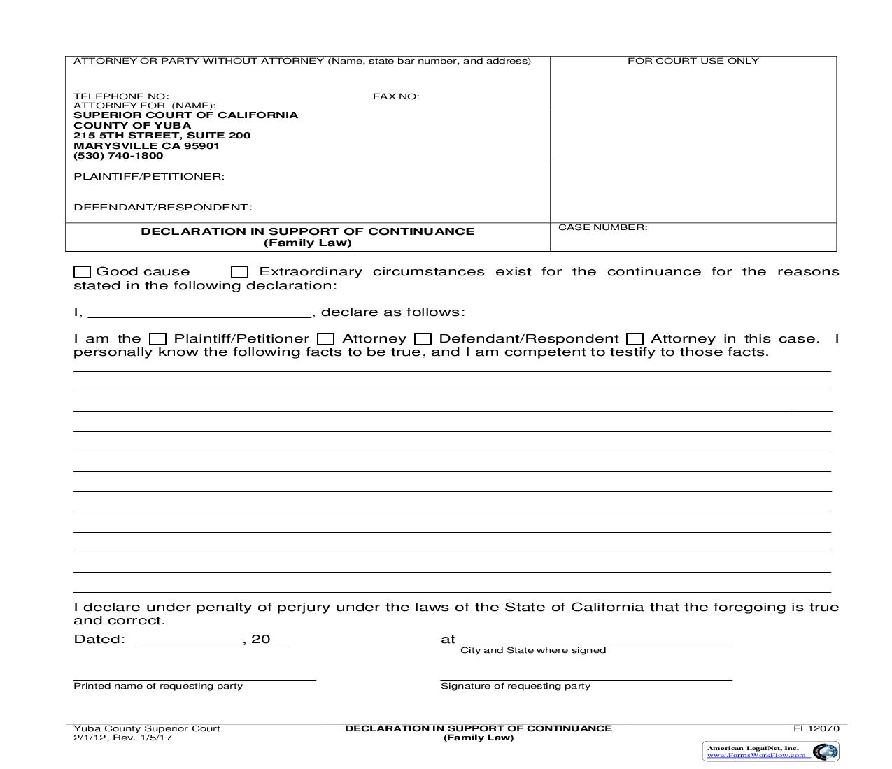 Declaration In Support Of Continuance {FL12070} | Pdf Fpdf Doc Docx | California