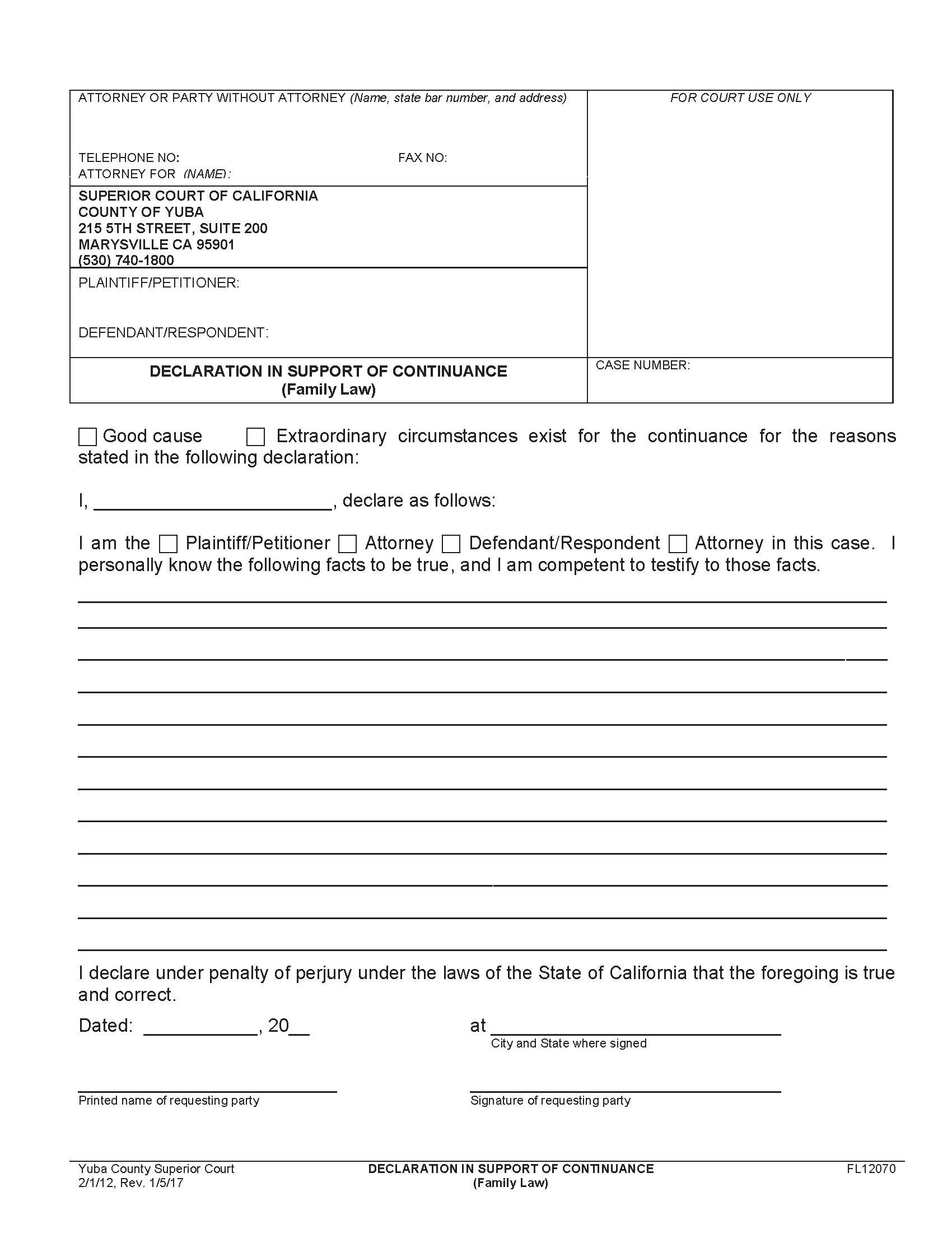 Declaration In Support Of Continuance {FL12070} | Pdf Fpdf Doc Docx | California