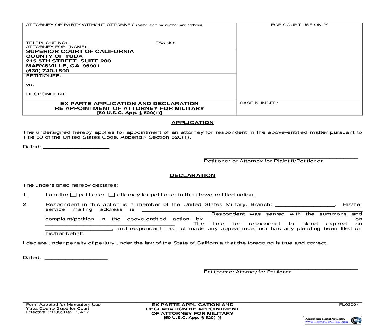 Ex Parte Application And Declaration Re Appointment Of Attorney For Military {FL03004} | Pdf Fpdf Doc Docx | California