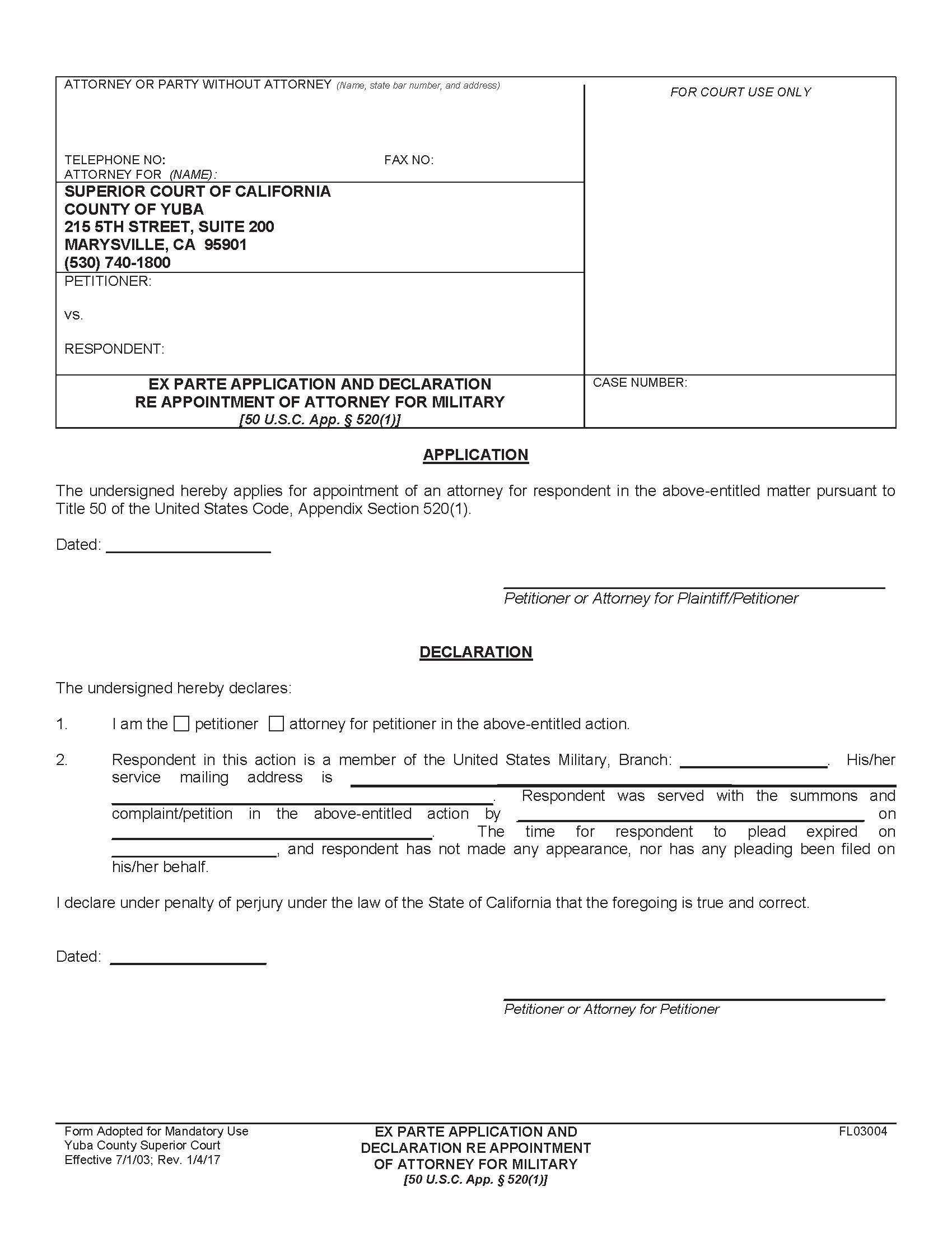 Ex Parte Application And Declaration Re Appointment Of Attorney For Military {FL03004} | Pdf Fpdf Doc Docx | California