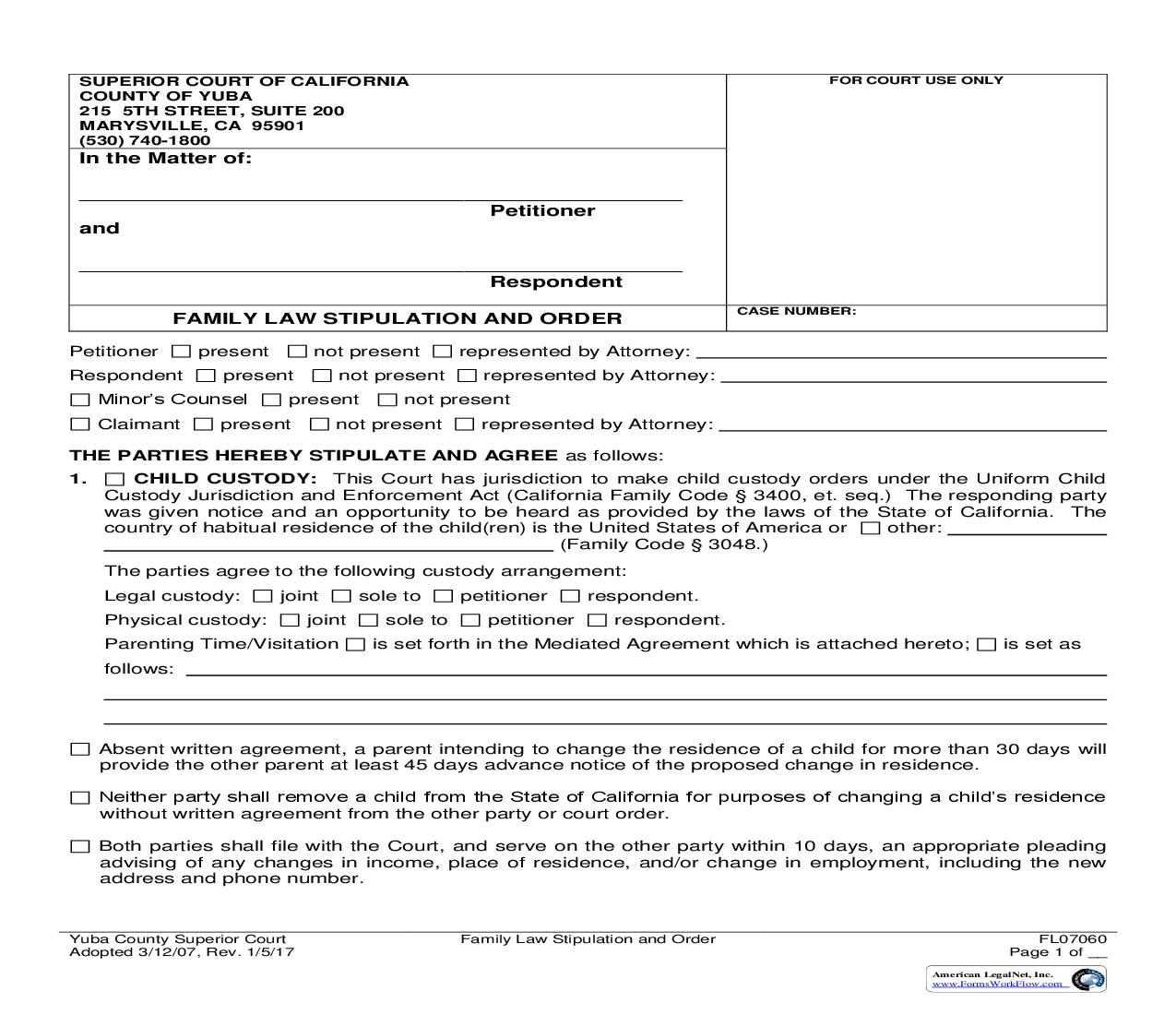 Family Law Stipulation And Order {FL07060} | Pdf Fpdf Doc Docx | California