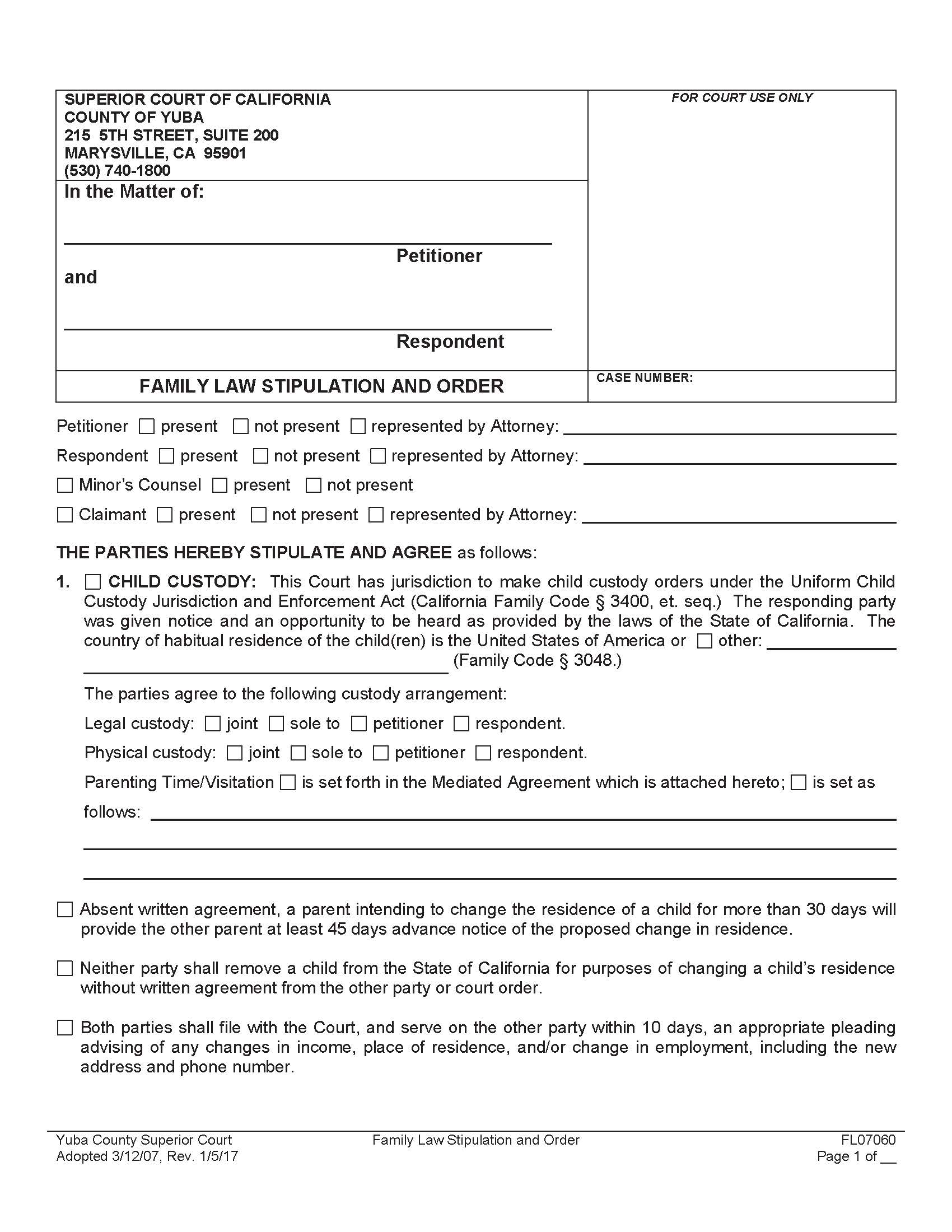 Family Law Stipulation And Order {FL07060} | Pdf Fpdf Doc Docx | California