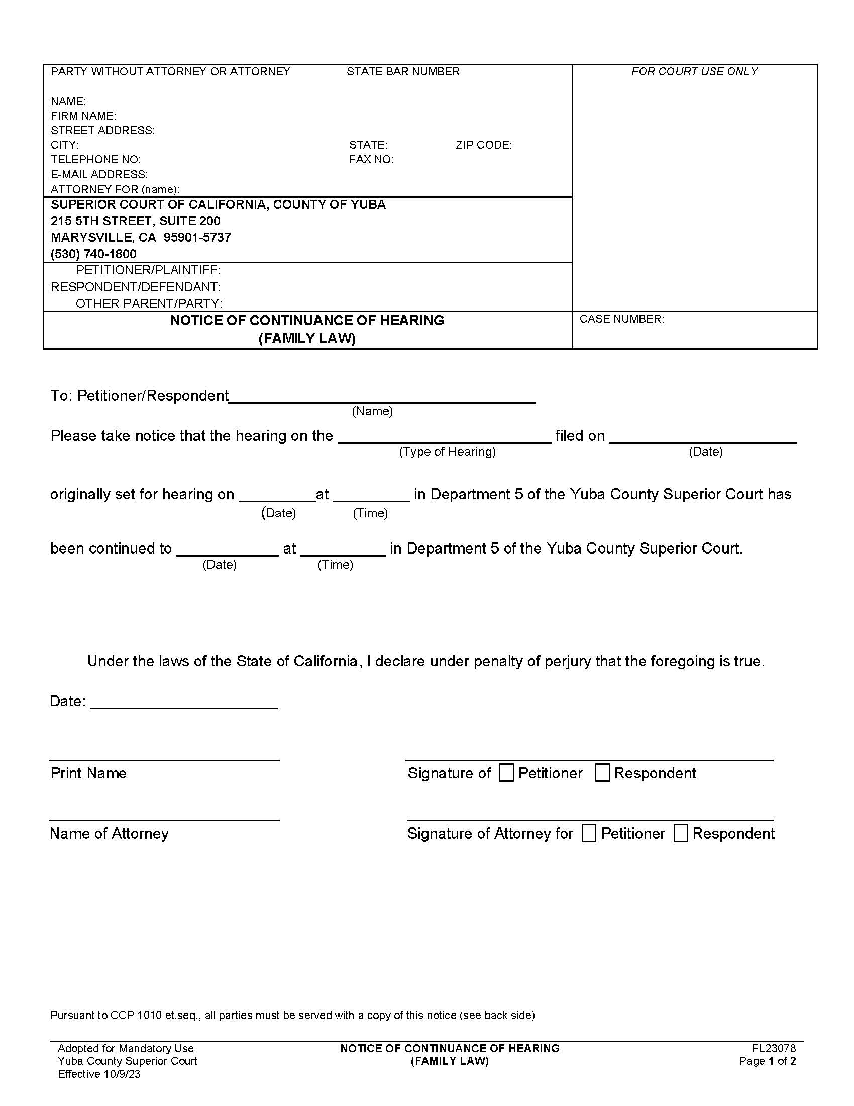 Notice Of Continuance Of Hearing (Family Law) {FL23078} | Pdf Fpdf Docx | California