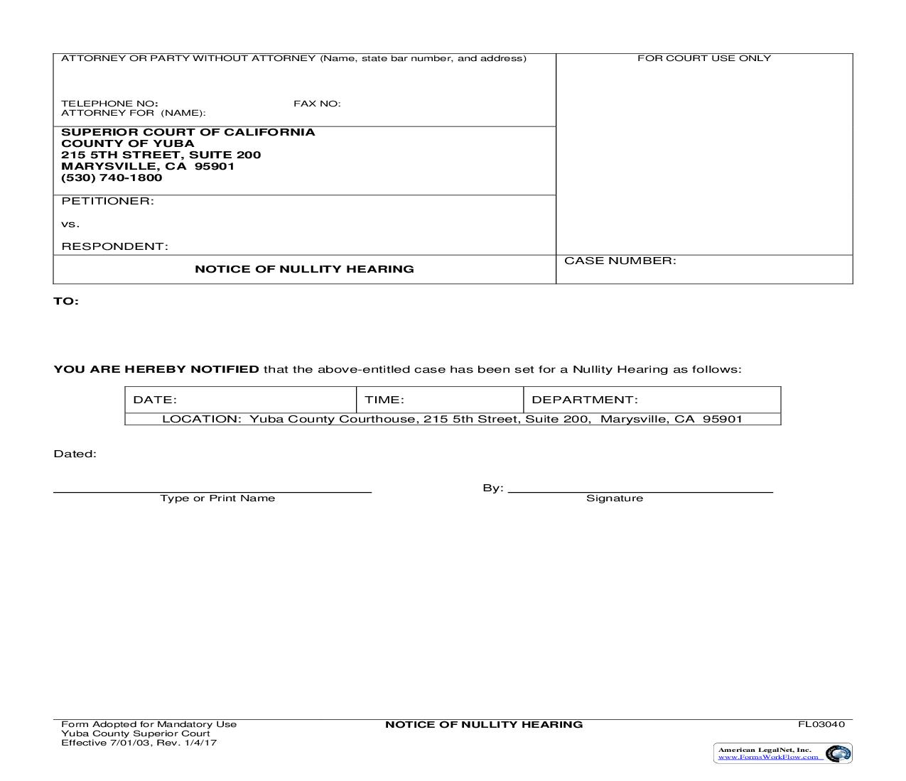 Notice Of Nullity Hearing {FL03040} | Pdf Fpdf Doc Docx | California