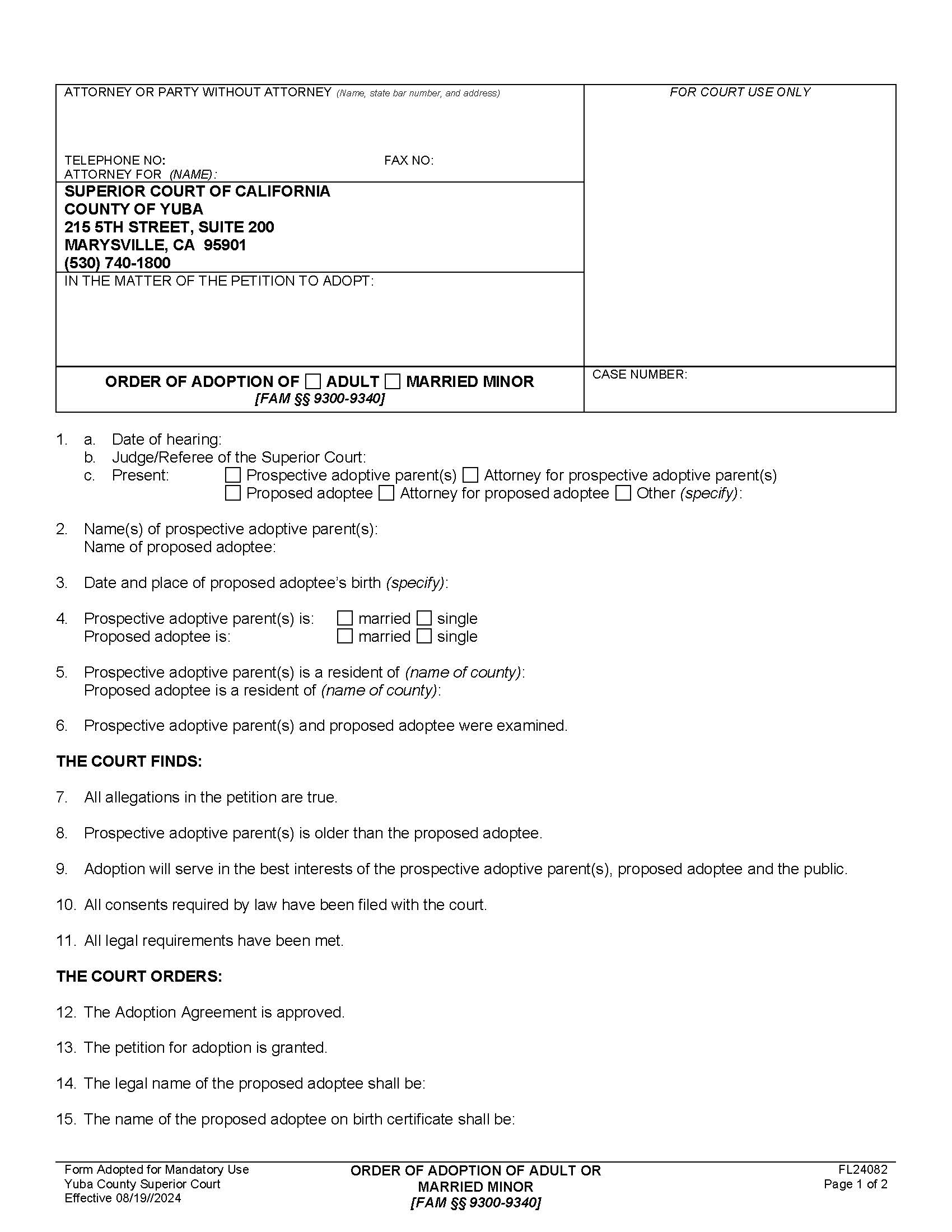Order Of Adoption Of Adult-Married Minor {FL24082} | Pdf Fpdf Docx | California