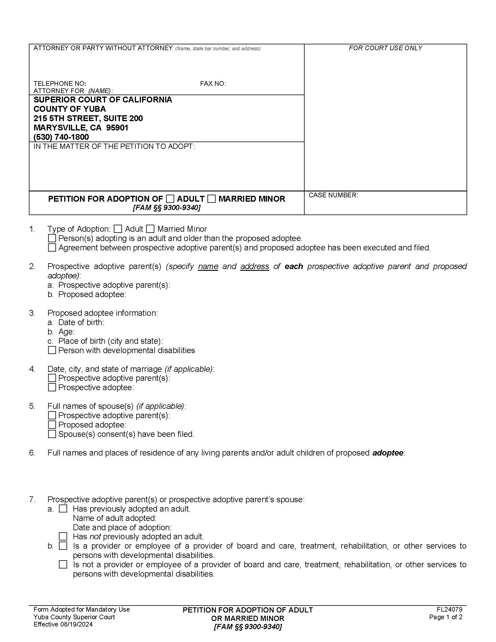 Petition For Adoption Of Adult-Married Minor {FL24079} | Pdf Fpdf Docx | California