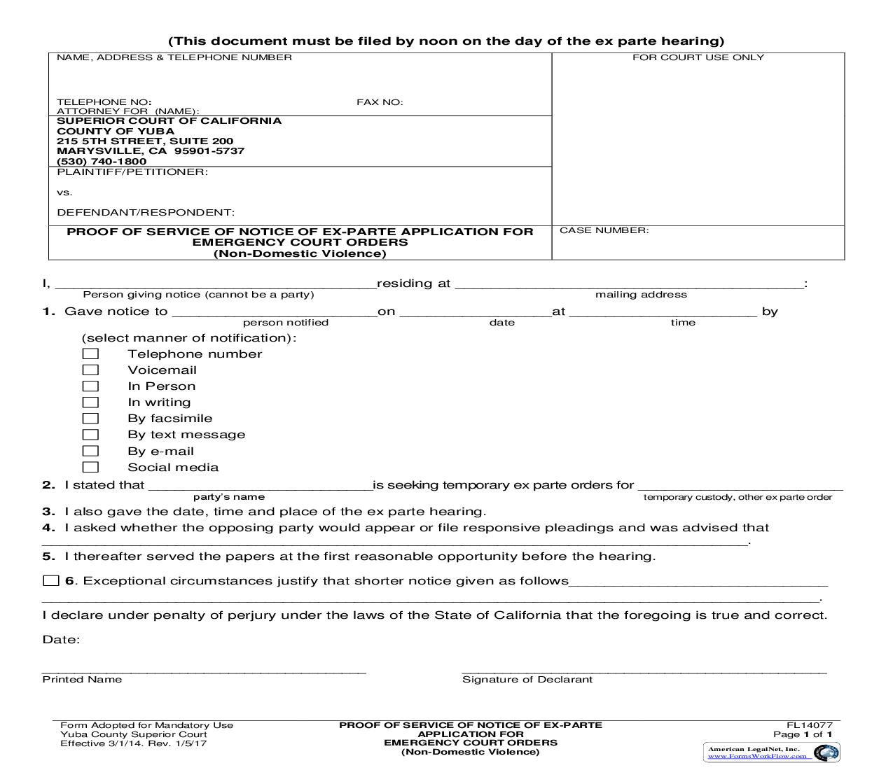 Proof Of Service Of Notice Of Ex-Parte Application For Emergency Court Orders {FL14077} | Pdf Fpdf Doc Docx | California