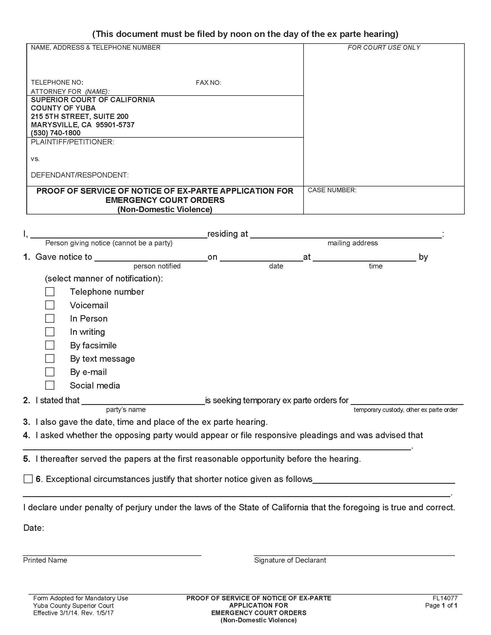 Proof Of Service Of Notice Of Ex-Parte Application For Emergency Court Orders {FL14077} | Pdf Fpdf Doc Docx | California