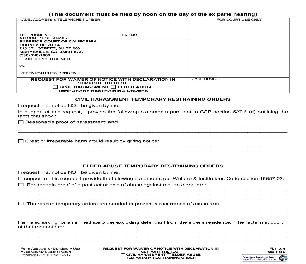 Request For Waiver Of Notice With Declaration In Support Thereof (Civil Harrassment) {FL14074} | Pdf Fpdf Doc Docx | California