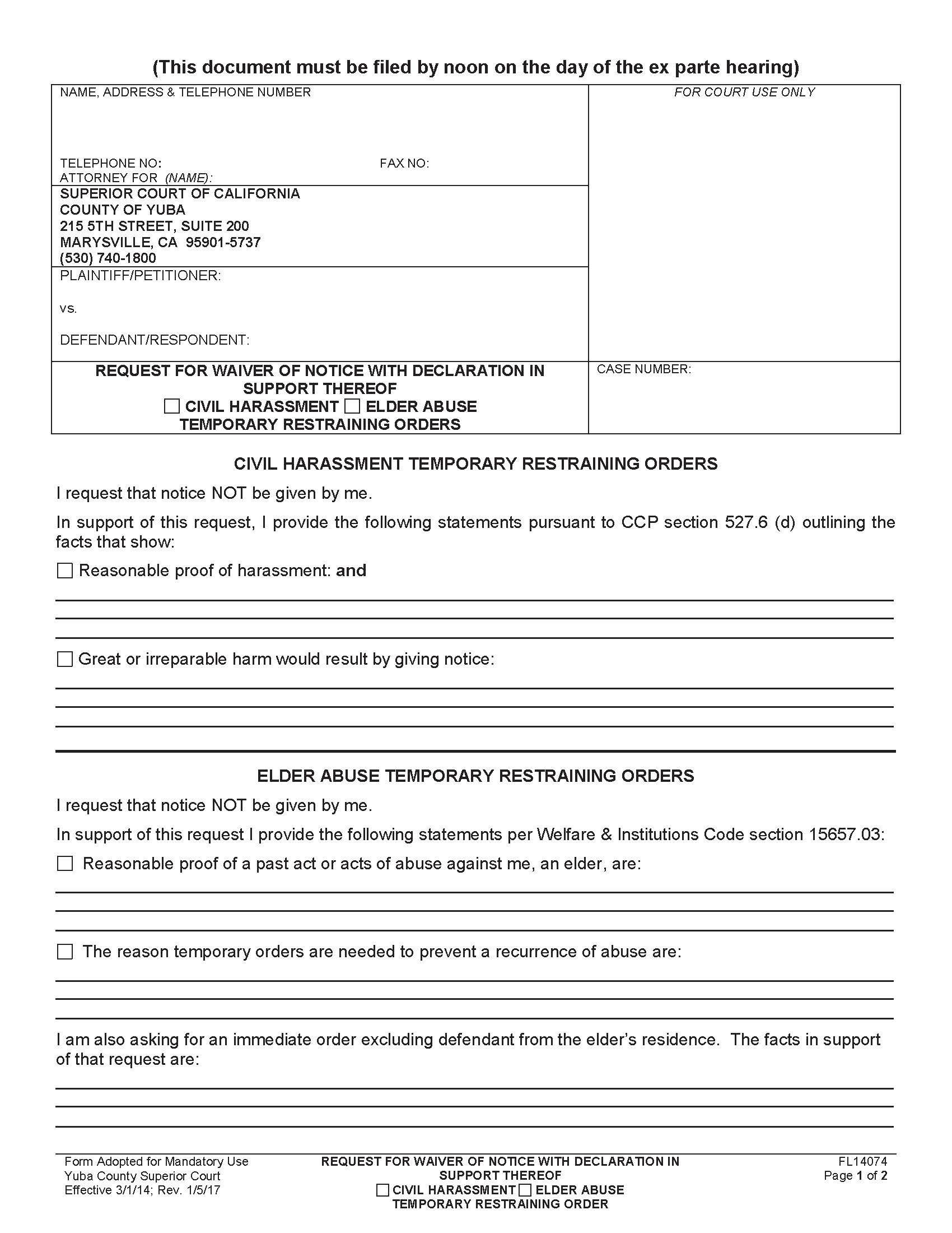 Request For Waiver Of Notice With Declaration In Support Thereof (Civil Harrassment) {FL14074} | Pdf Fpdf Doc Docx | California