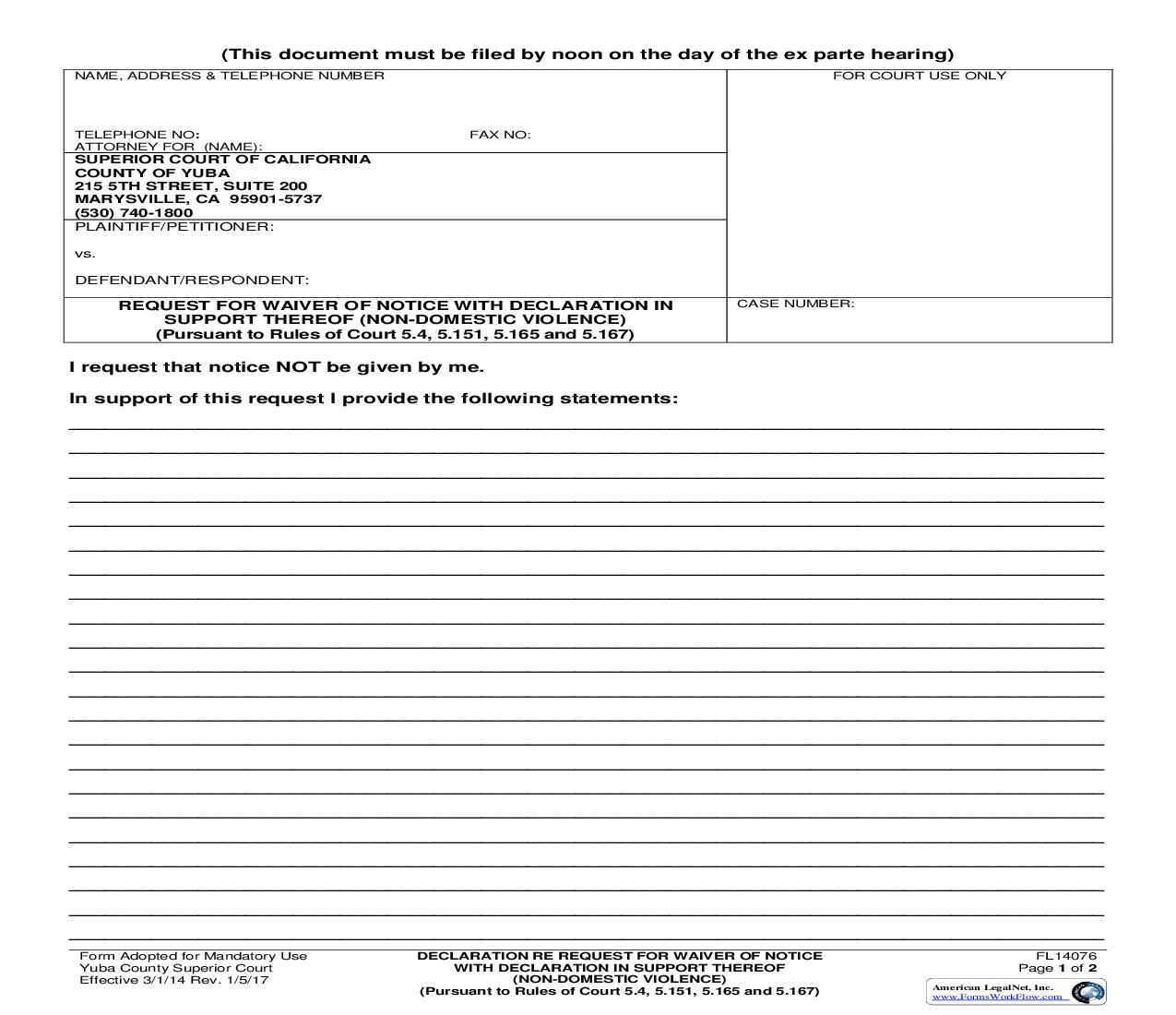 Request For Waiver Of Notice With Declaration In Support Thereof (Non-Domestic Violence) {FL14076} | Pdf Fpdf Doc Docx | California