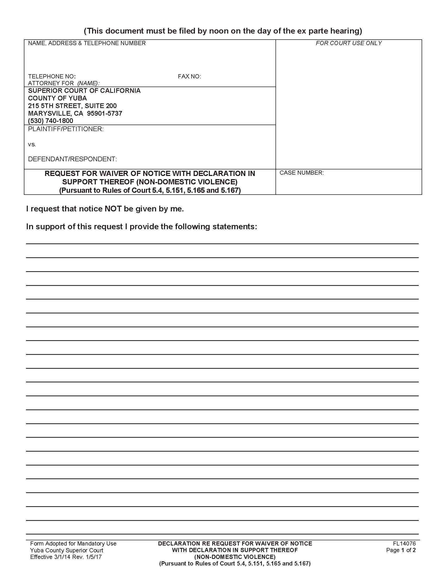 Request For Waiver Of Notice With Declaration In Support Thereof (Non-Domestic Violence) {FL14076} | Pdf Fpdf Doc Docx | California