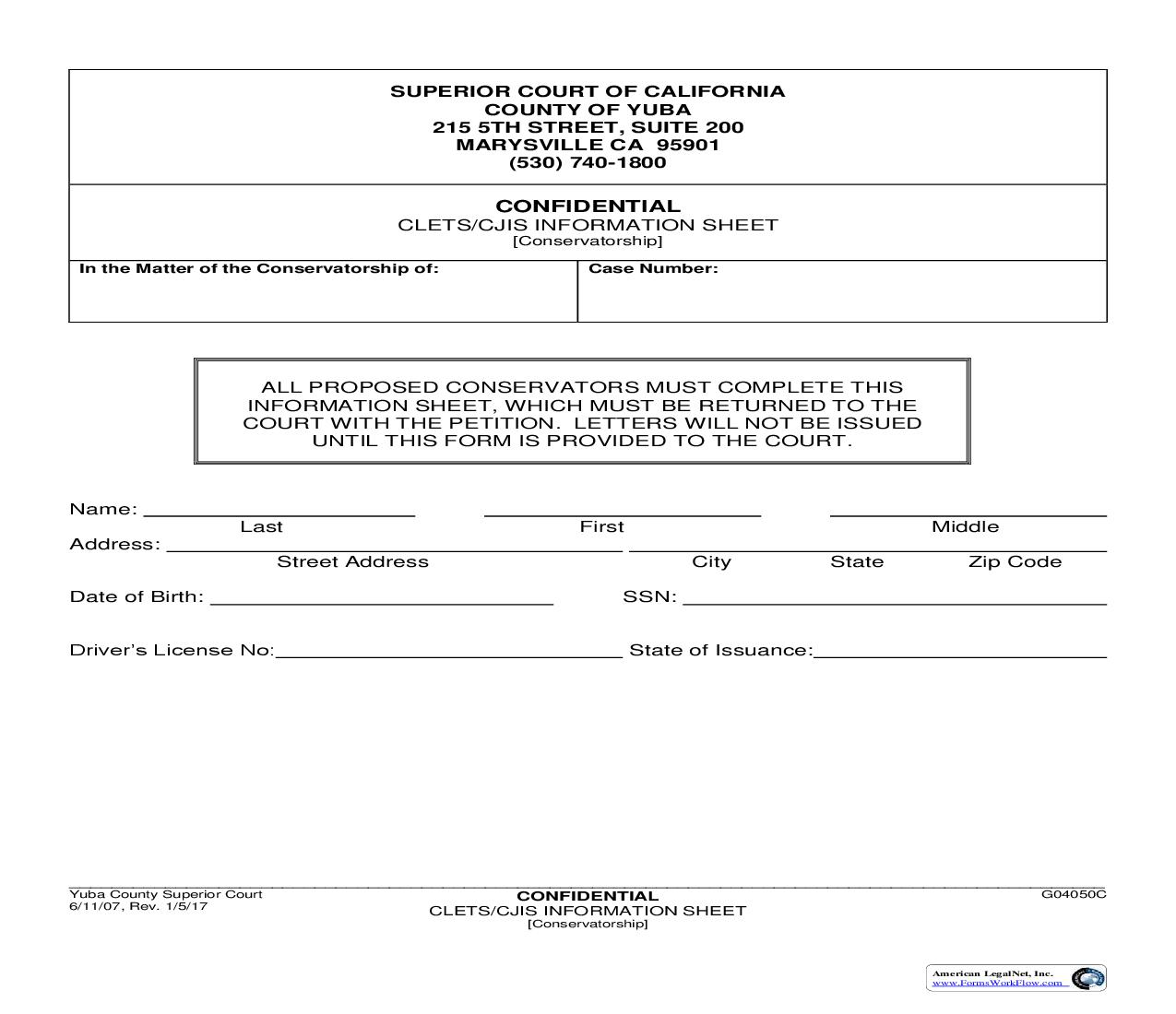 CLETS-CJIS Information Sheet (Conservatorship) {G04050C} | Pdf Fpdf Doc Docx | California