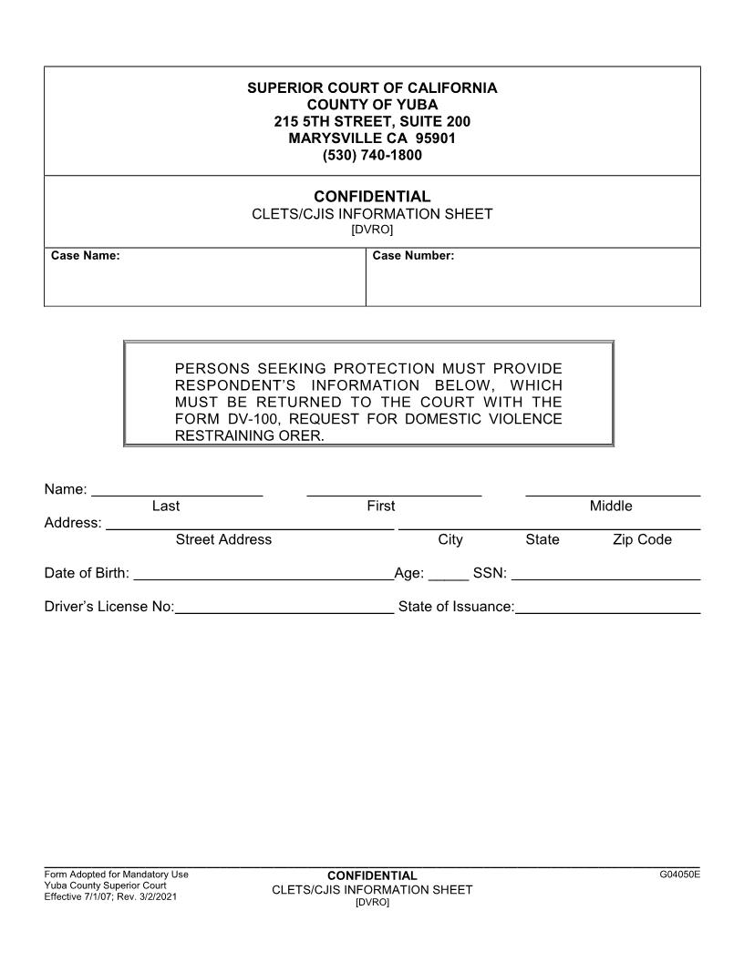 CLETS-CJIS Information Sheet (DVRO) {G04050E} | Pdf Fpdf Docx | California
