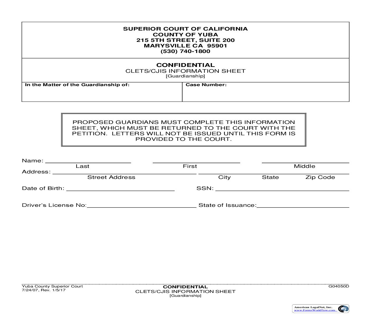 CLETS-CJIS Information Sheet (Guardianship) {G04050D} | Pdf Fpdf Doc Docx | California