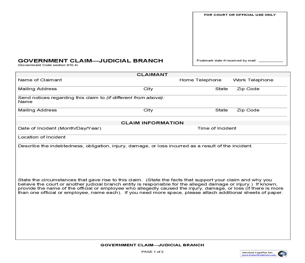 Government Claim-Judicial Branch (Yuba) {GC910.4} | Pdf Fpdf Doc Docx | California