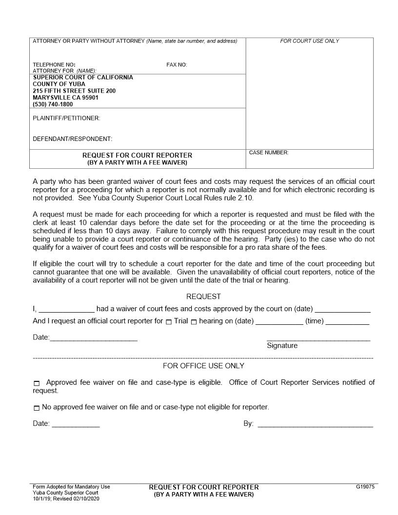 Request For Court Reporter (By A Party With A Fee Waiver) {G19075} | Pdf Fpdf Docx | California