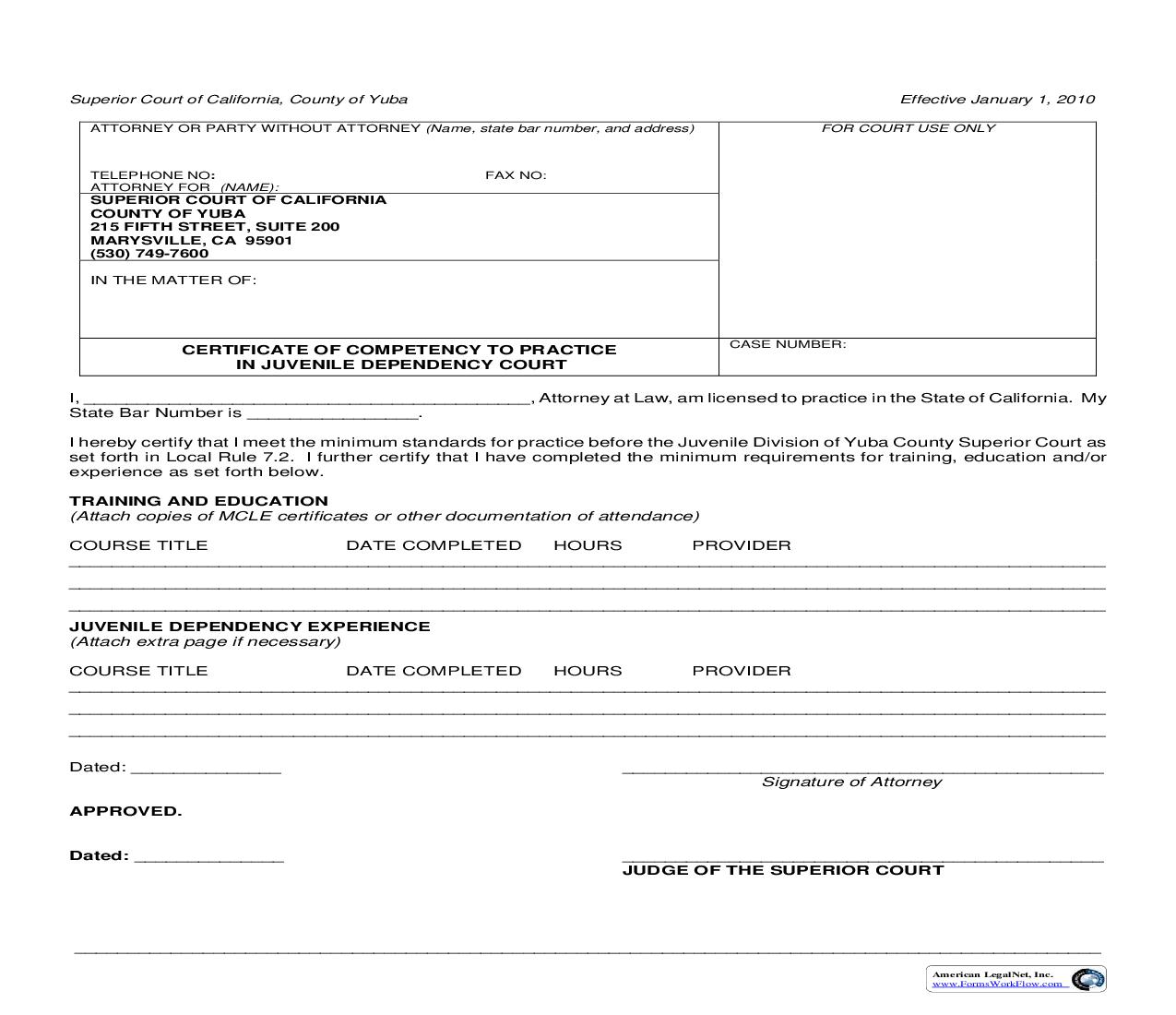 Certificate Of Compentency To Practice In Juvenile Dependency Court | Pdf Fpdf Doc Docx | California