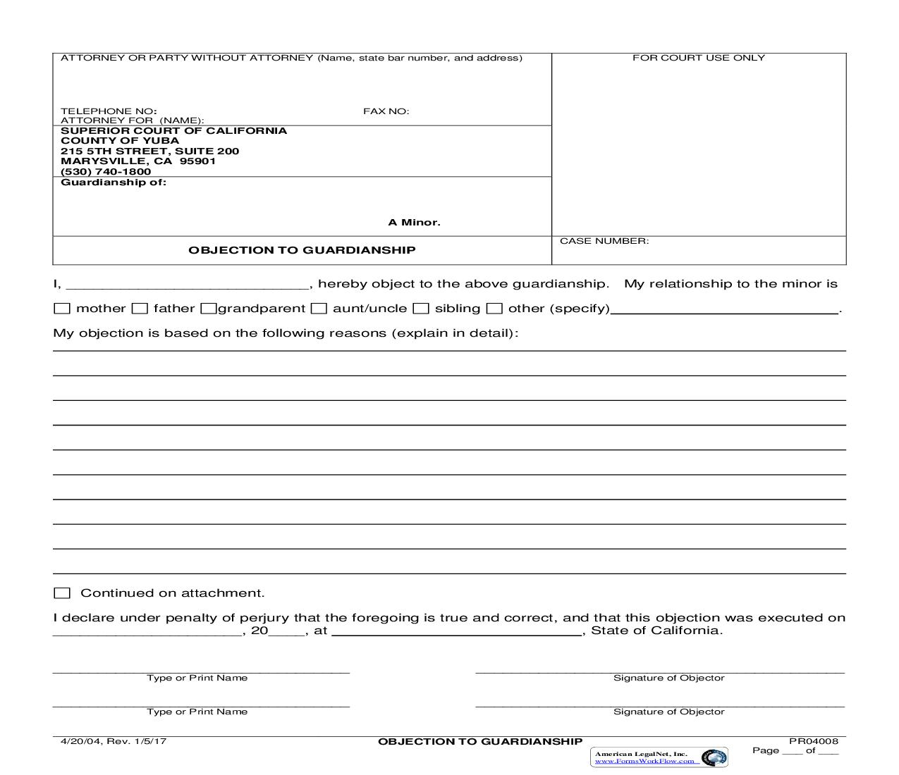 Objection To Guardianship {PR04008} | Pdf Fpdf Doc Docx | California