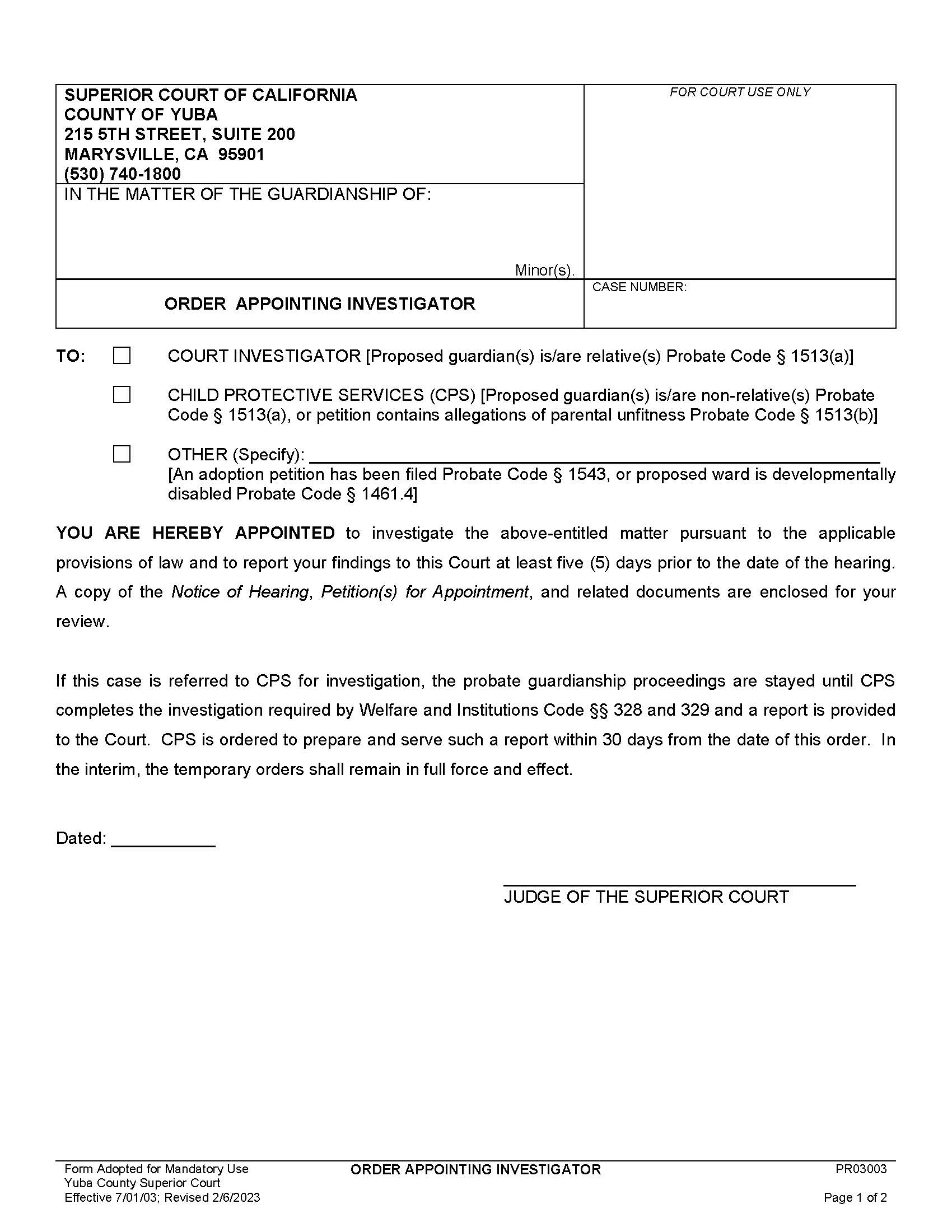 Order Appointing Investigator {PRO3003} | Pdf Fpdf Docx | California