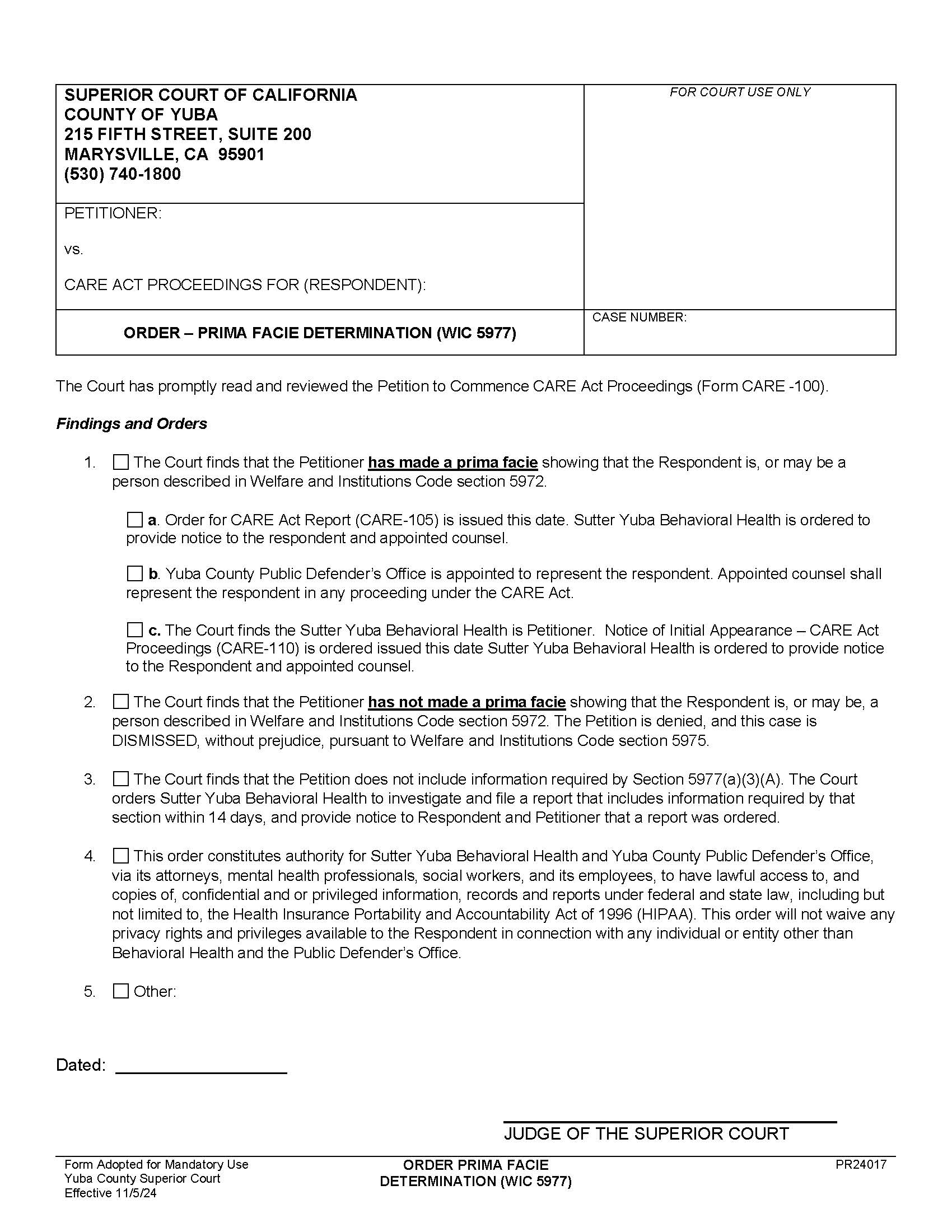 Order Prima Facie Determination {PR24017} | Pdf Fpdf Docx | California