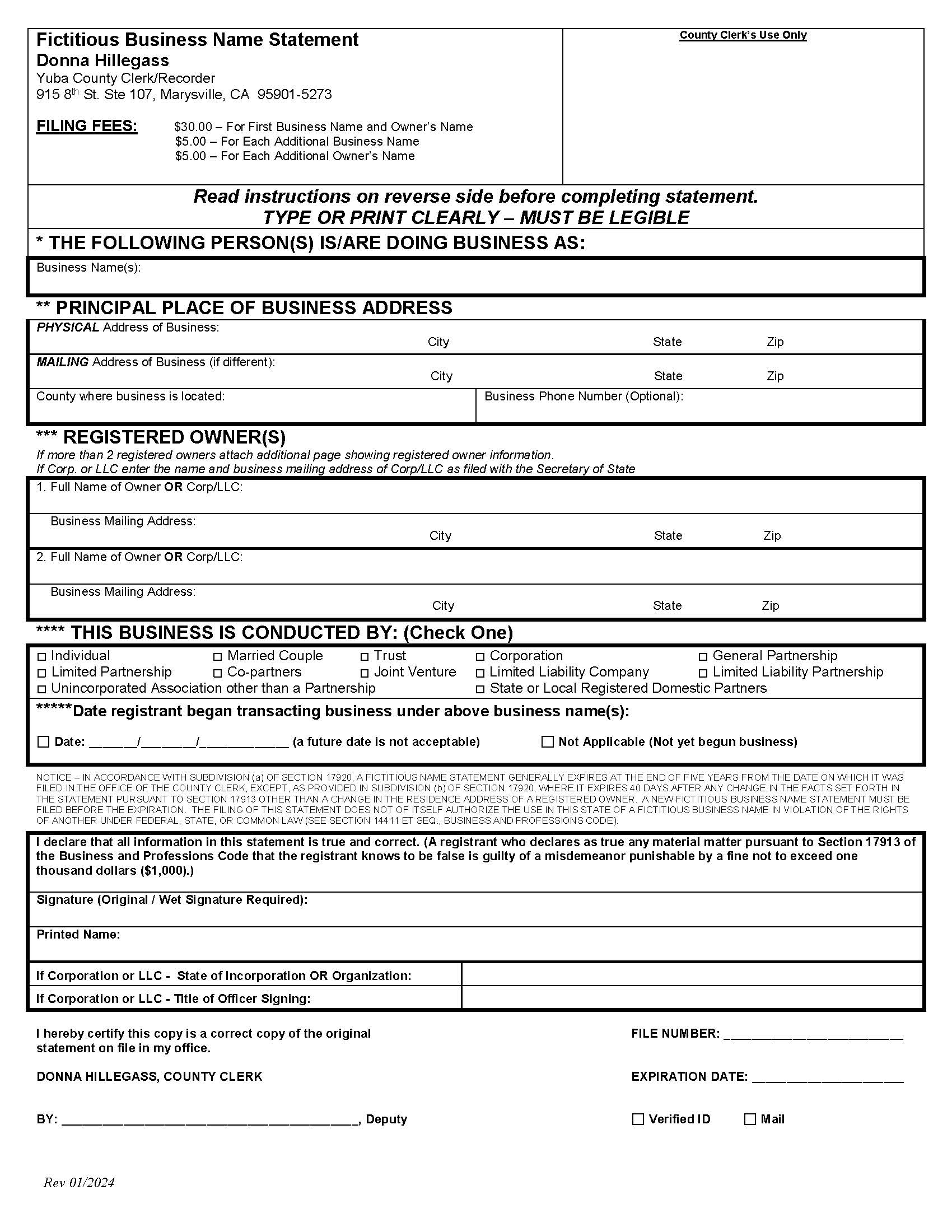 Fictitious Business Name Statement (Yuba) | Pdf Fpdf Doc Docx | California