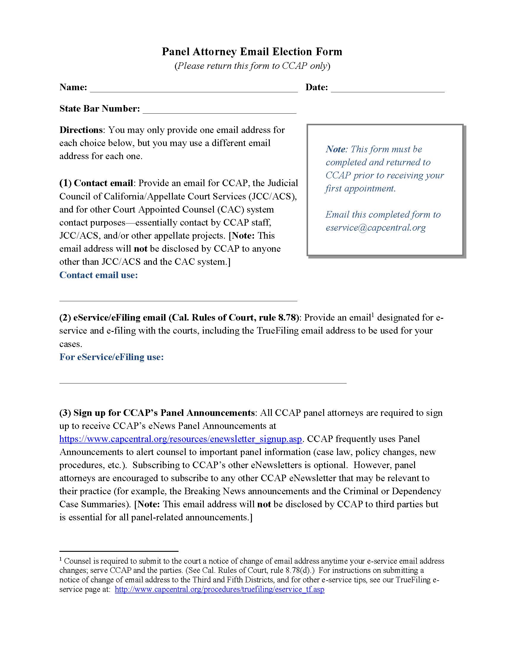 CCAP Panel Attorney Email Election Form | Pdf Fpdf Docx | California